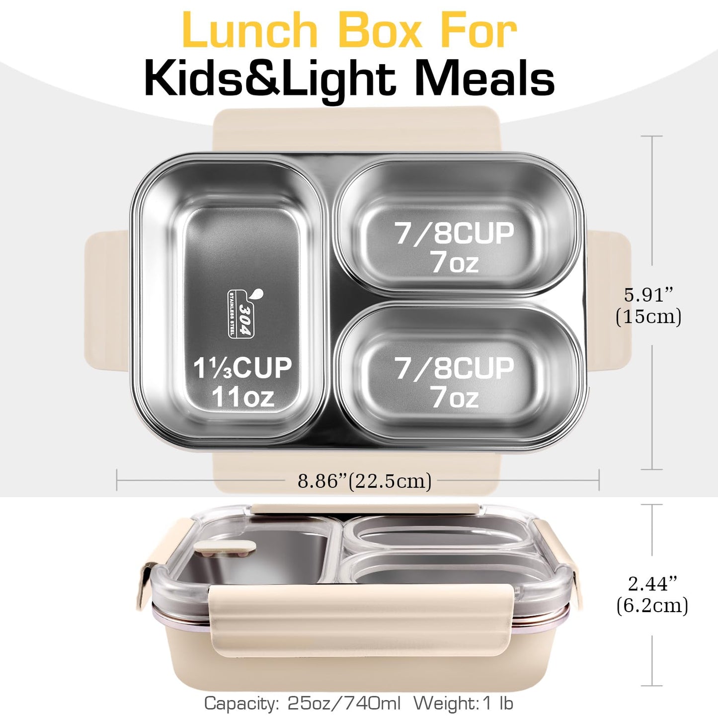 AOEDEO Stainless Steel Lunch Box, 3 Compartments Metal Bento Box for Kids, 25oz Lunch Container with Leakproof Lid, Divided Meal Prep Box for Adults, Kids - Ideal for Office, School, Healthy Eating