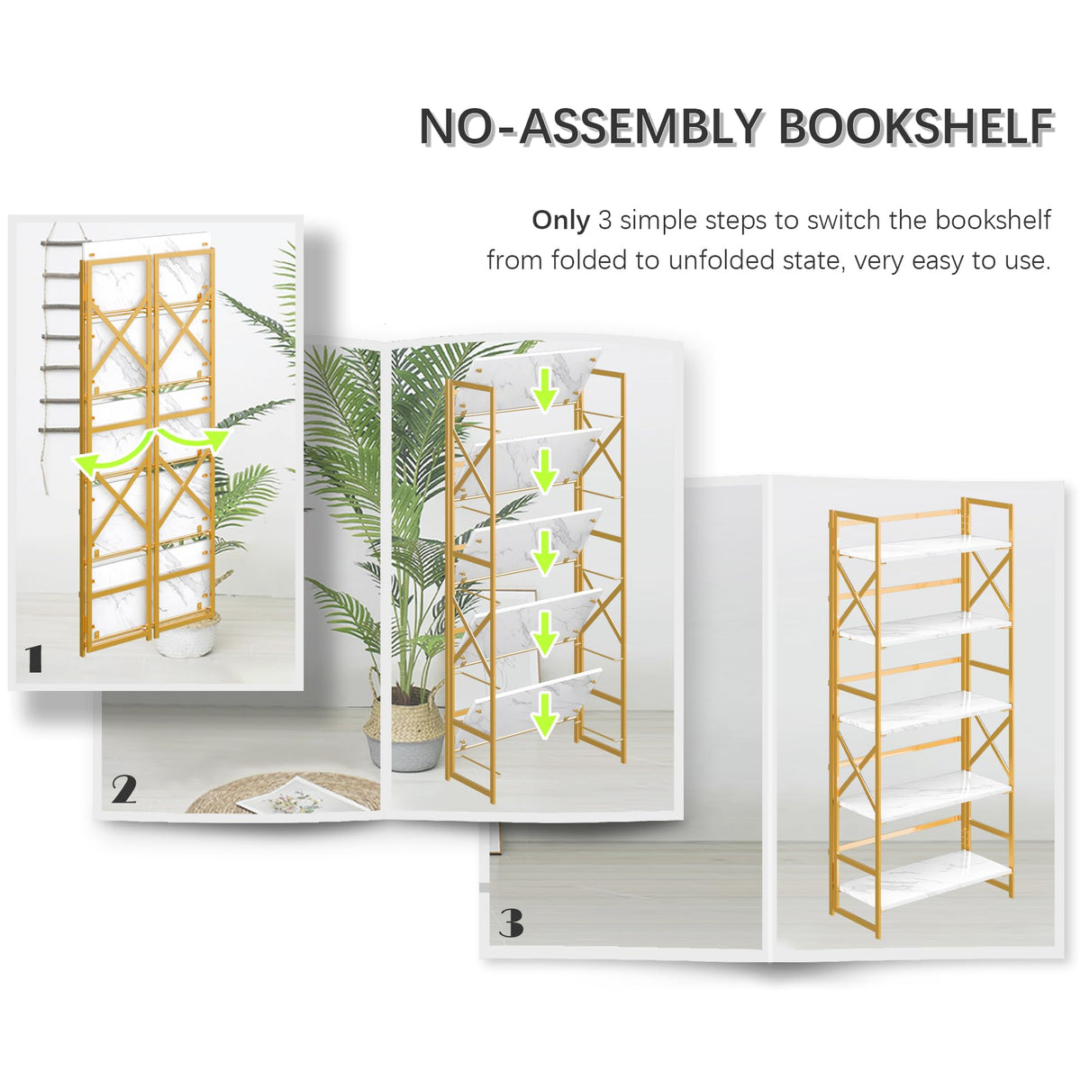 4NM 5 Tiers No Assembly Book Shelves, 51.2" H Folding Bookshelf Bookcase Open Industrial Foldable Shelves for Bedroom, Living Room, Home Office - White Gold