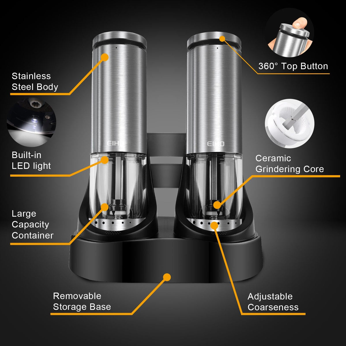 EIHO Electric Salt and Pepper Grinder Set USB Rechargeable, Upgraded External Adjustable Coarseness, Stainless Steel Automatic Salt and Pepper Shakers Mills with LED Light, House Warming Cooking Gifts