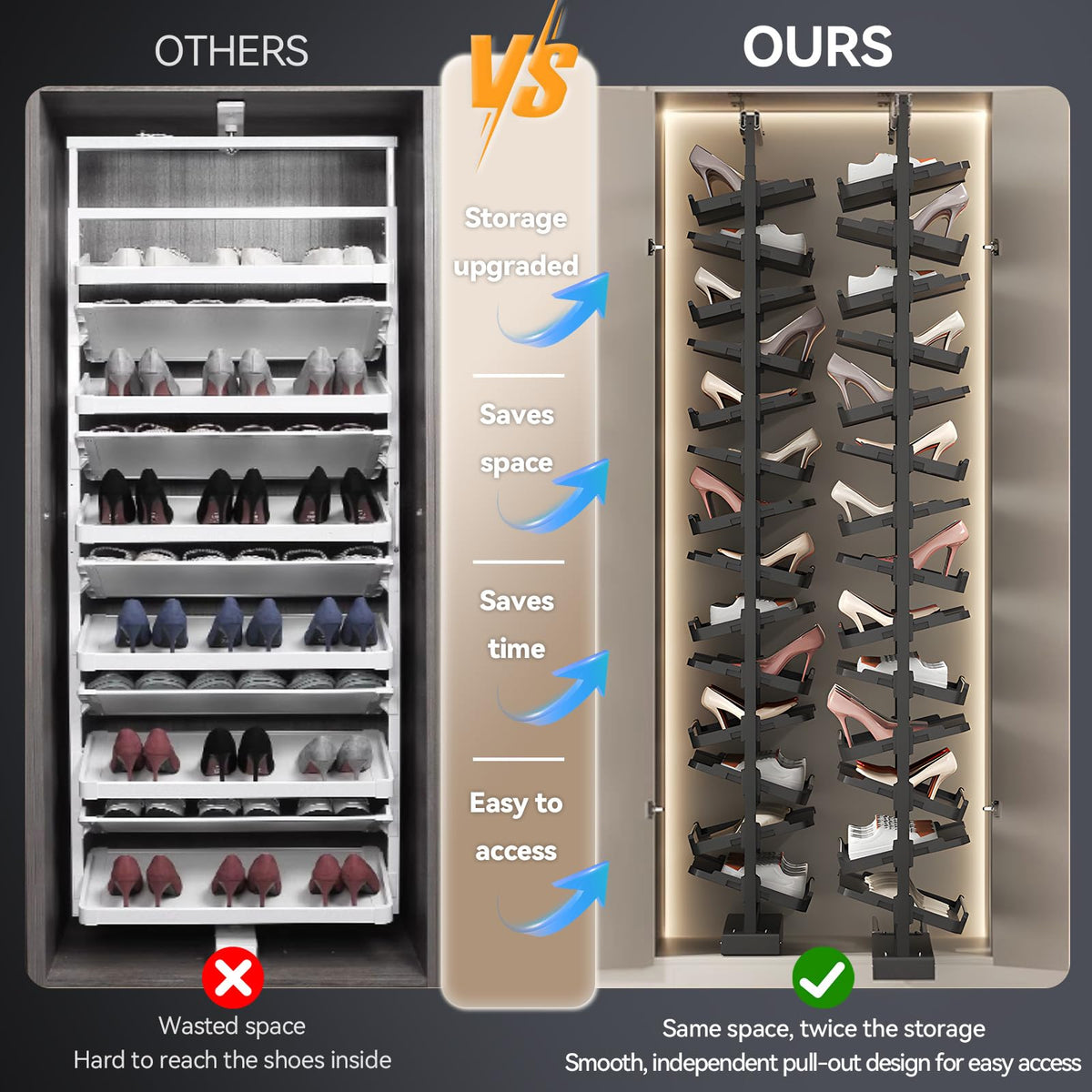 4-15 Tier Cabinet Pull Out Shoe Rack, Adjustable Vertical Shoe Organizer for Closet and Wardrobe Cabinet, Heavy Duty Slide Out Shoe Storage System, Under Stairs Storage, Fits Depth 17.7"-34.3"