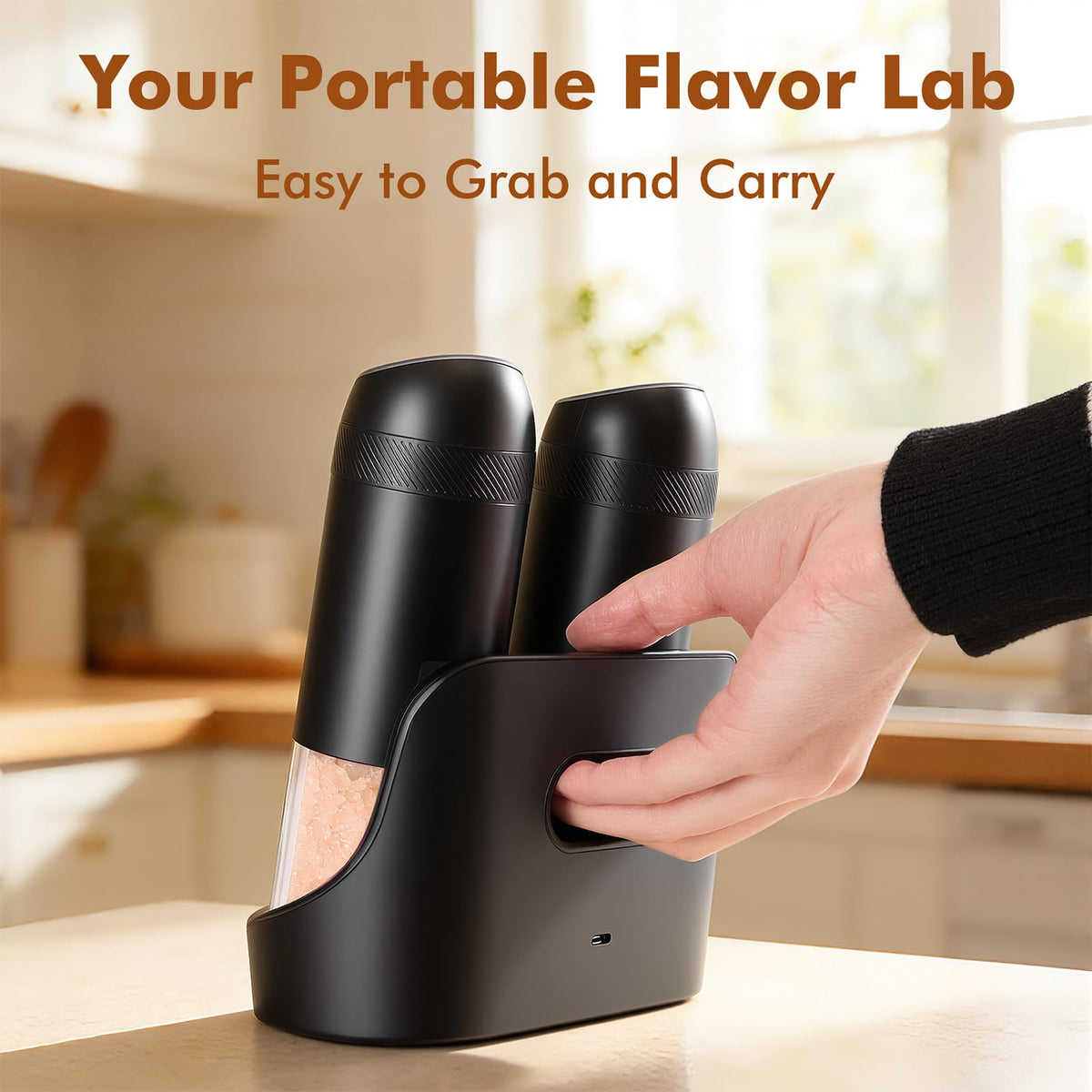 Electric Salt and Pepper Grinder Set, Automatic Gravity Sensor Grinder with Rechargeable Base, External Adjustable Coarseness (6 Levels), LED Light, Automatic Shakers for Kitchen & Outdoor