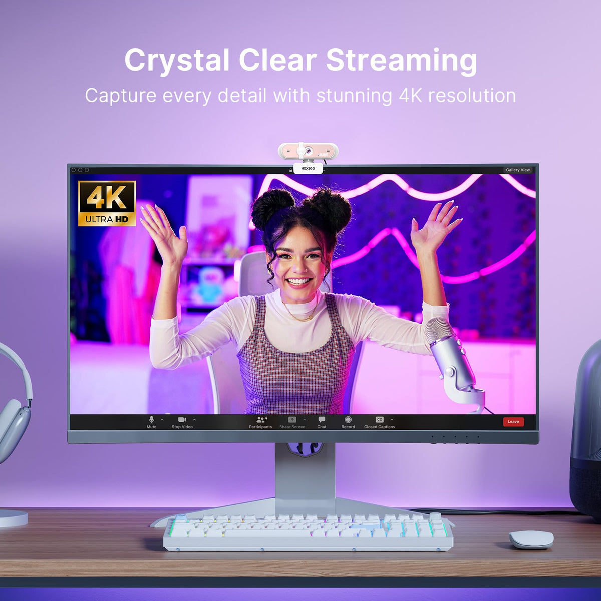 NexiGo N660P Pro 4K Webcam with Distortion-Free Lens, 1080p 60 fps Autofocus USB Streaming Camera, 3DNR, Noise-Canceling Mics & Privacy Cover, Web Cam for Gaming/Live Streaming/PC/Mac/Switch 2, Pink