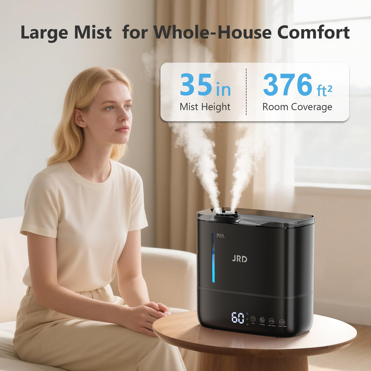 JRD Humidifiers for Bedroom, Ultrasonic Humidifier 4L for Large Room, Cool Mist Top-Fill, 40H Run, 12H Timer, 360° Nozzle, Aroma Diffuser, 7-Color Night Light for Home, Office, Baby, Pets, Plants