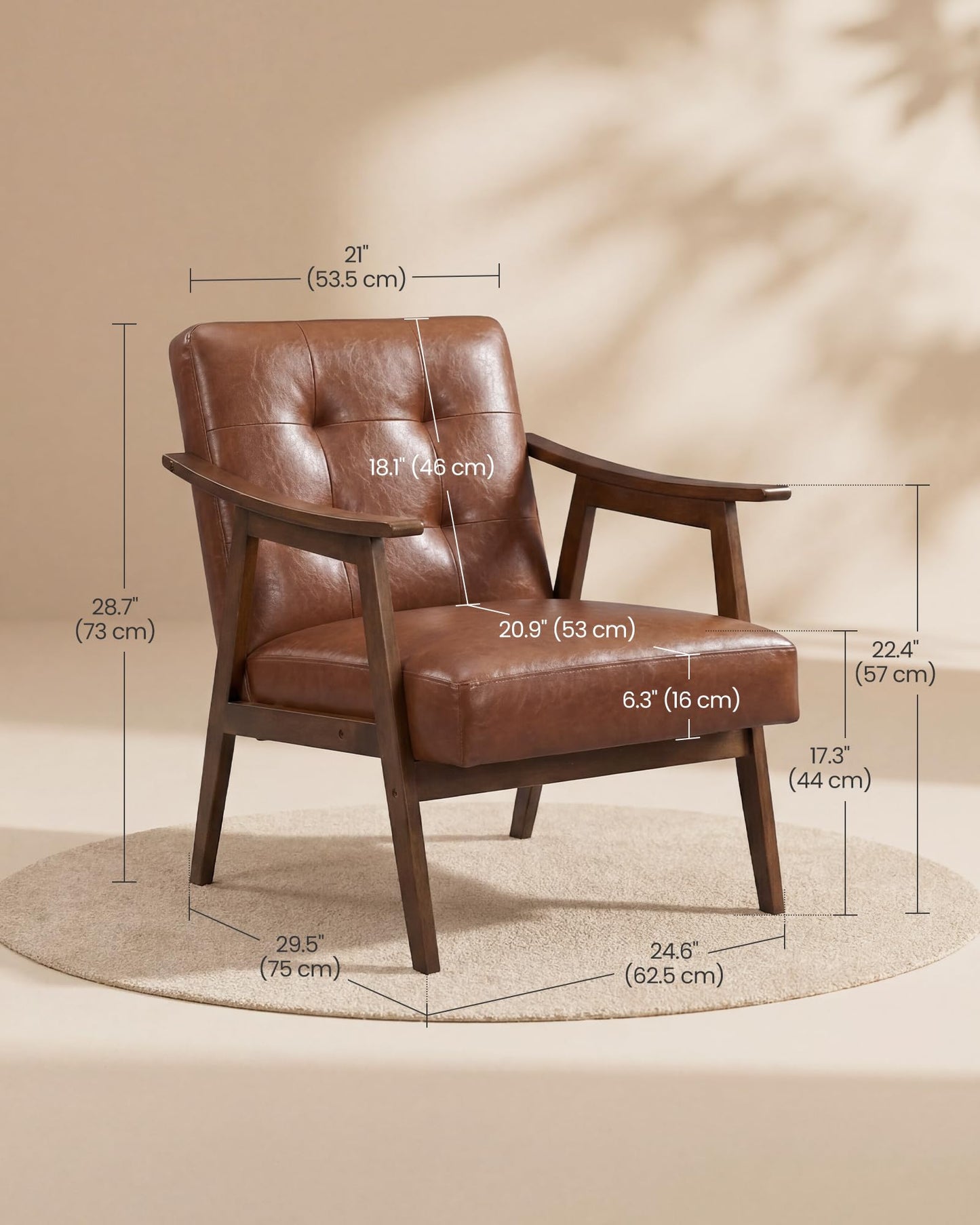 VASAGLE Accent Chair, PU Leather Armchair, Button Tufted Living Room Chair, Thick Cushion, Mid Century Modern Lounge Seating for Bedroom, Reading Nook, Home Office, Brown ULYY200KZ02S