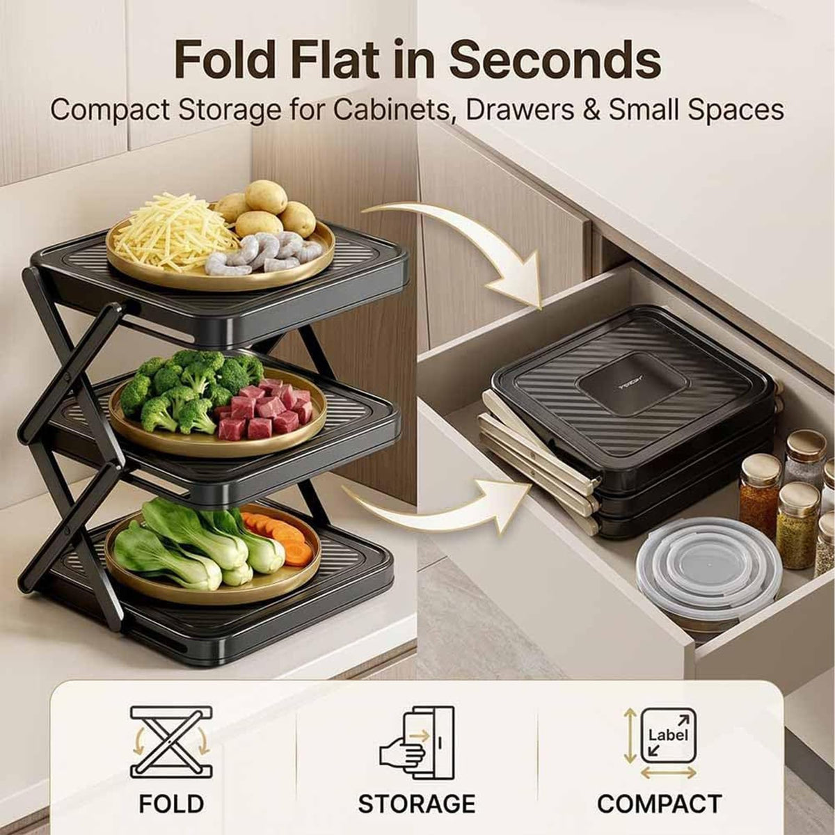 DFKSVCA Multi-Layer Dish & Prep Tray Storage Rack, Foldable 3-Tier Dish Rack with Removable Layers and Utensil Drying Holder, Compact Dish Organizer for Kitchen Counter, Parties and Picnics (Black)