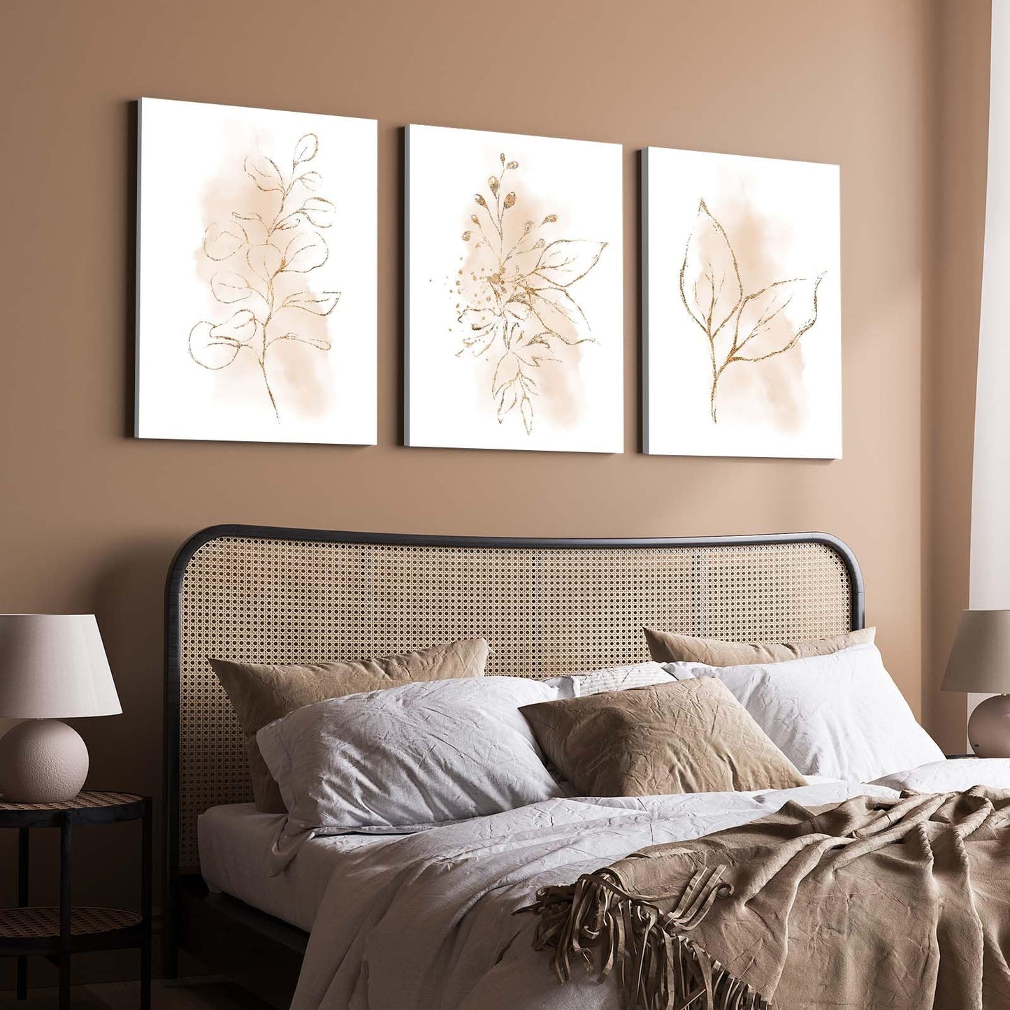 3 Piece Wall Art Framed Canvas Wall Art Neutral Botanical Line Drawing Pictures Wall Decor Beige Minimalist Leaf Artwork for Living Room Bedroom Bathroom Office – Ready to Hang with Hooks and Nails, 12x16 Inch