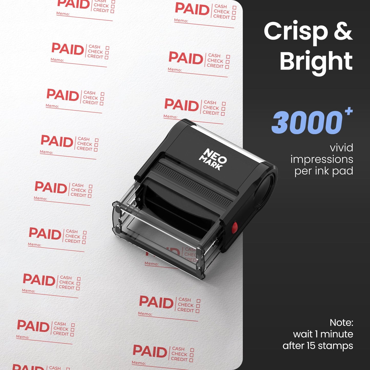 NEO MARK Self-Inking Paid Rubber Stamp, Replaceable Office Stamp for for Business, Accounting & Retail Use – with an Extra Refill Ink Pad
