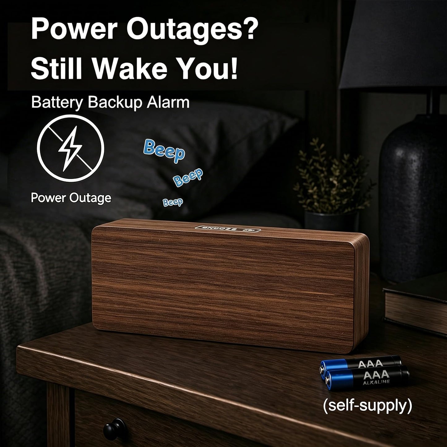 Peakeep Wooden Digital Alarm Clock Large Display, Textured Desk Table Decoration for Bedroom, Living Room, Plug in Clock with Time Date Day, 5 Brightness, Auto DST