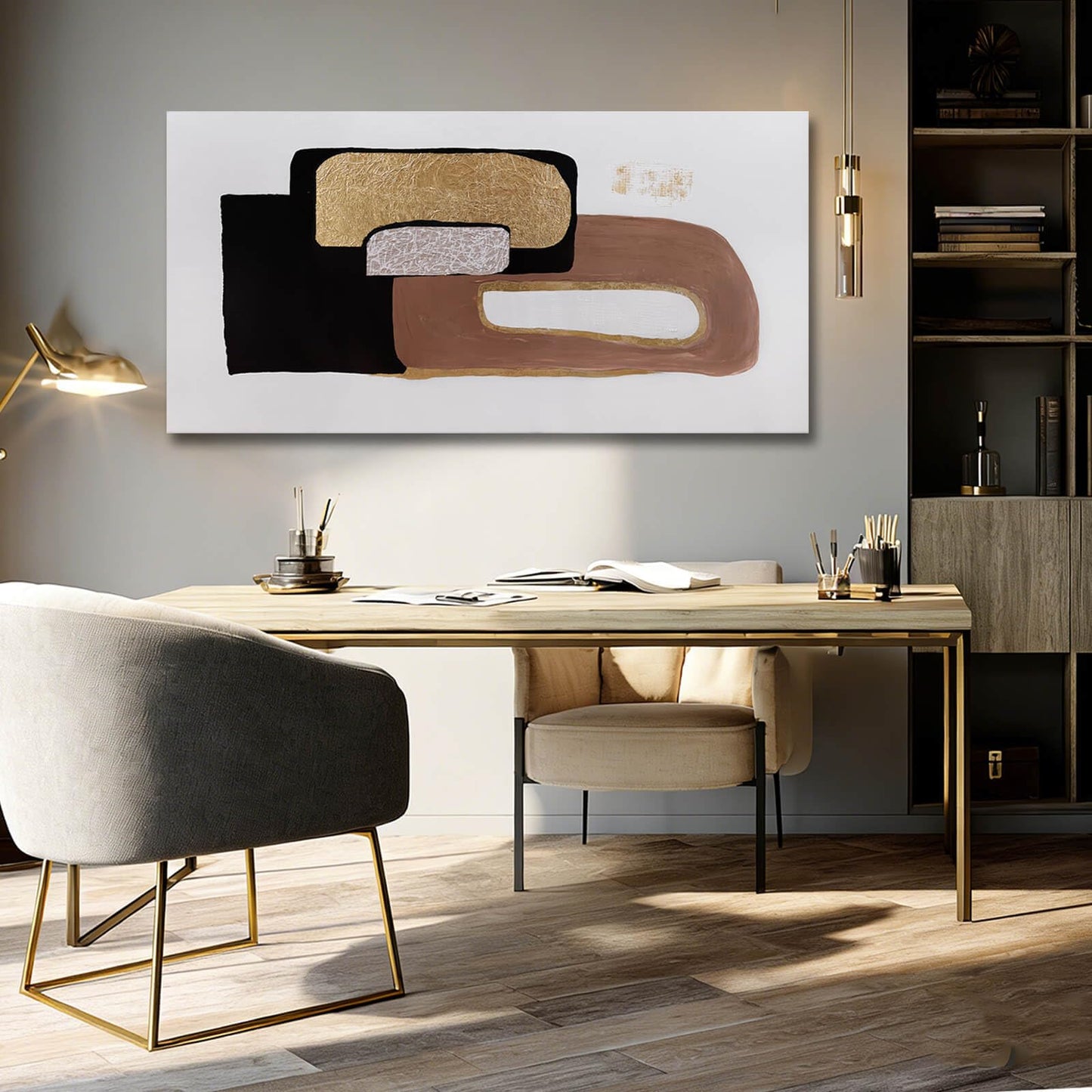 NBAODAN Minimalist Room Decor Black Brown and White Wall Art Modern Abstract Wall Decor Gold Foil Painting on Canvas Artwork for Living Room Bedroom 24x48 Inch