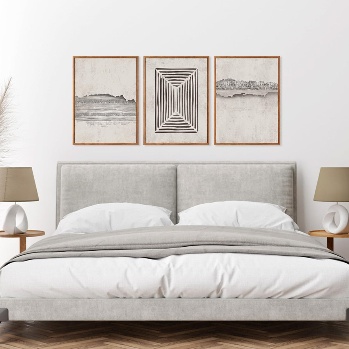 CHDITB Abstract Minimalist Framed Canvas Wall Art Set Of 3, Modern Mid Century Wall Decor, Geometric Line Textured Inspired Artwork, Neutral Art Print For Living Room Office Bedroom Decor (12X16 Inch)