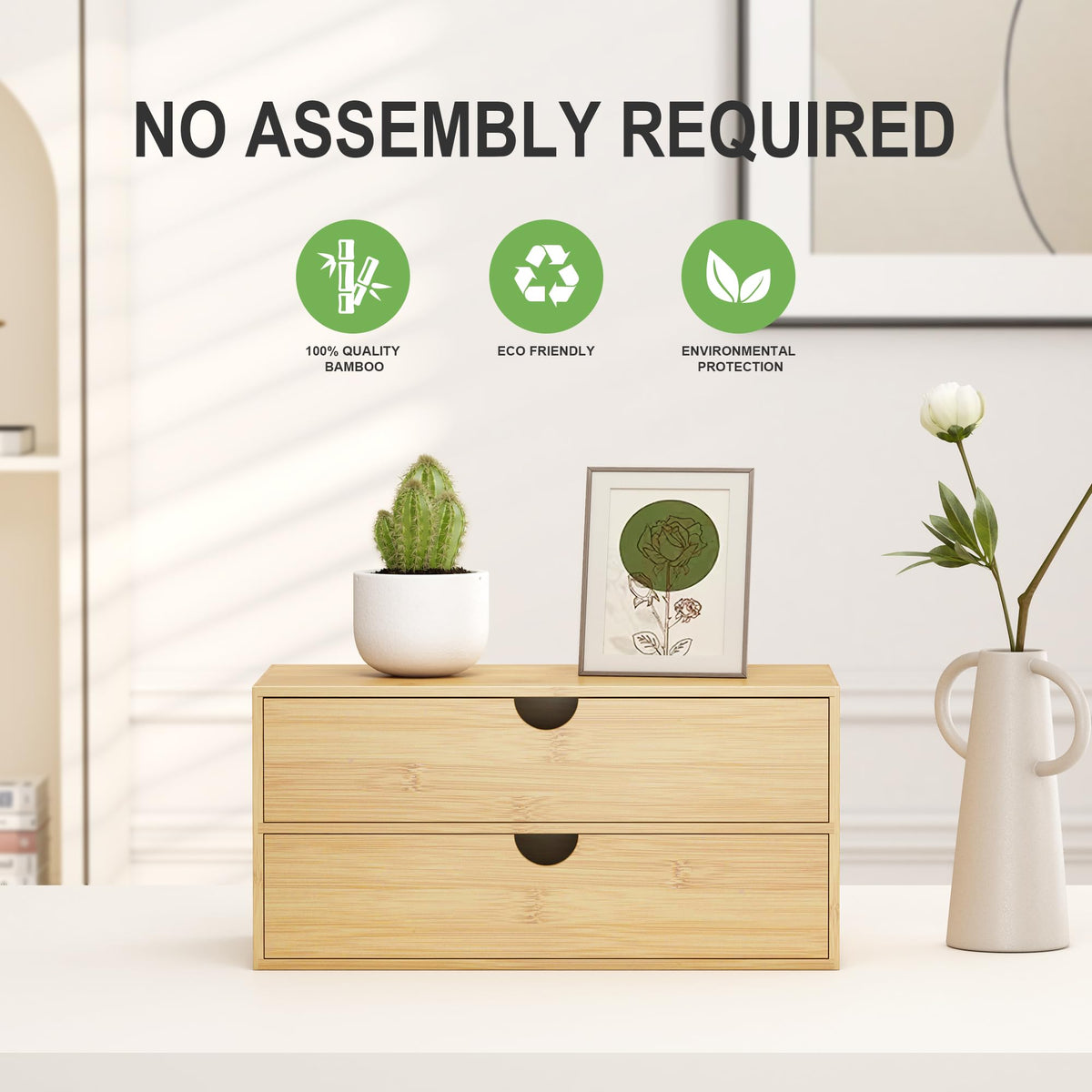 Wisuce Desk Organizer with Drawers - Bamboo Desktop Organizer Storage | White-Natural Wood Desk Drawers Organizer for Bills, Office Supplies, Cosmetics, Seals No Assembly Required(2 drawers edge-free)