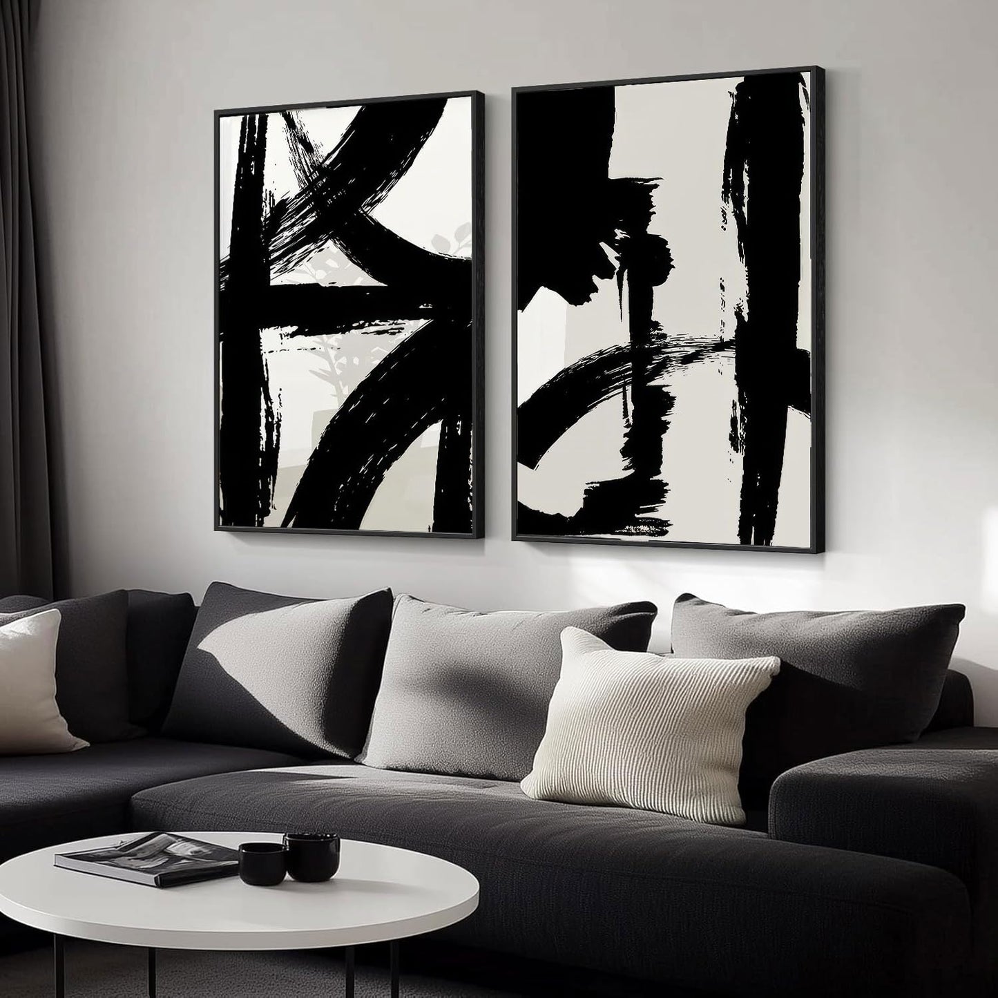 Set of 2 Framed Black and White Brush Stroke Canvas Wall Art Modern Abstract Minimalist Ink Line Painting Retro Mid-Century Geometric Poster Prints for Office Home Decor (12inx16in Framed)