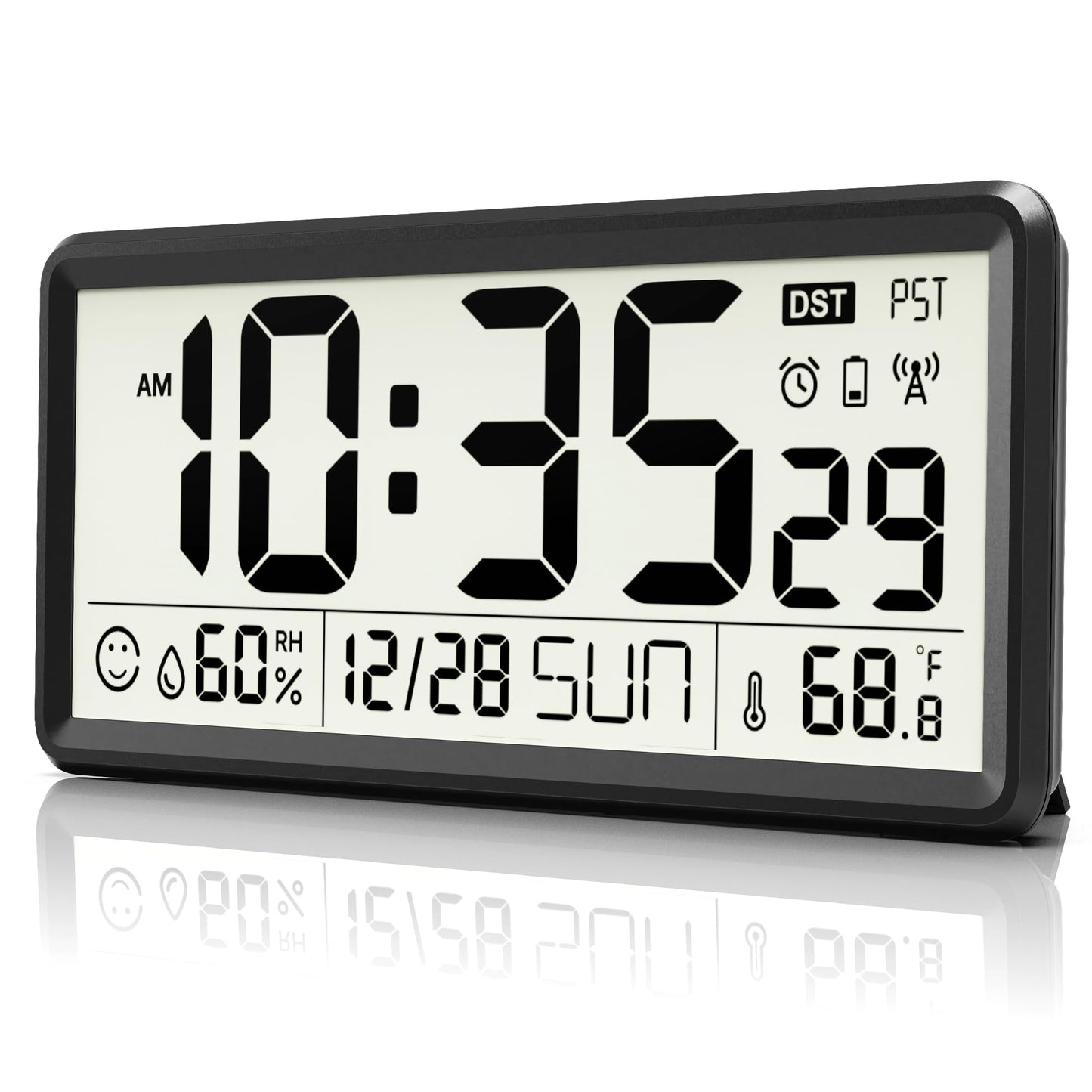 EASYERA 15'' Large Digital Wall Clock Battery Operated, Atomic Clock with Indoor Temperature and Humidity, Self-Setting with Auto DST, for Kitchen, Classroom, Living Room (Batteries Not Included)