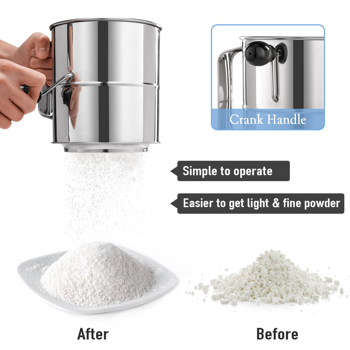 PIQUEBAR Flour Sifter - 5 Cup Fine Mesh Hand Crank Sifter Stainless Steel with Agitator Wire Loop for Baking, Powdered Sugar Duster Set