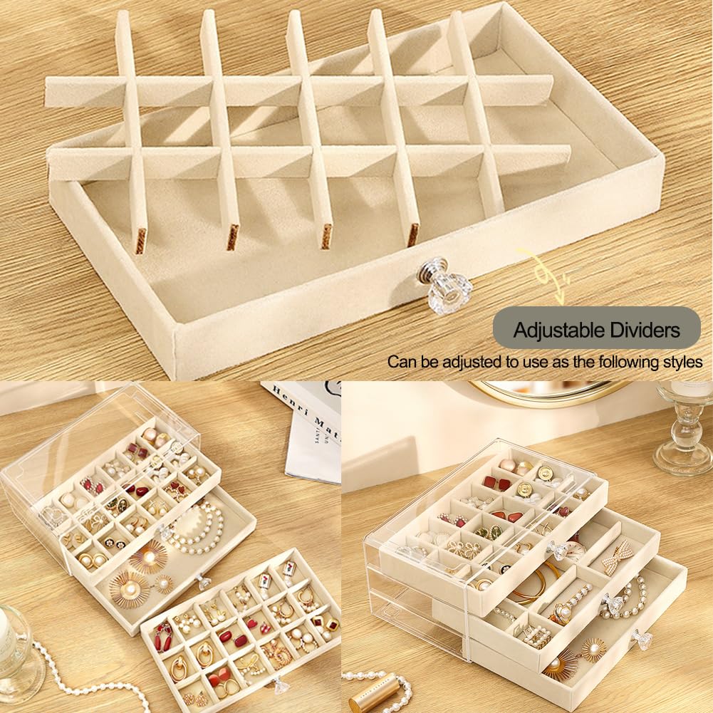 SPAKOWN Earring Box Holder Organizer Display Case, Clear Velvet Jewelry Storage Tray Organizer for Earring Ring Stud (Beige - 3 Drawers)