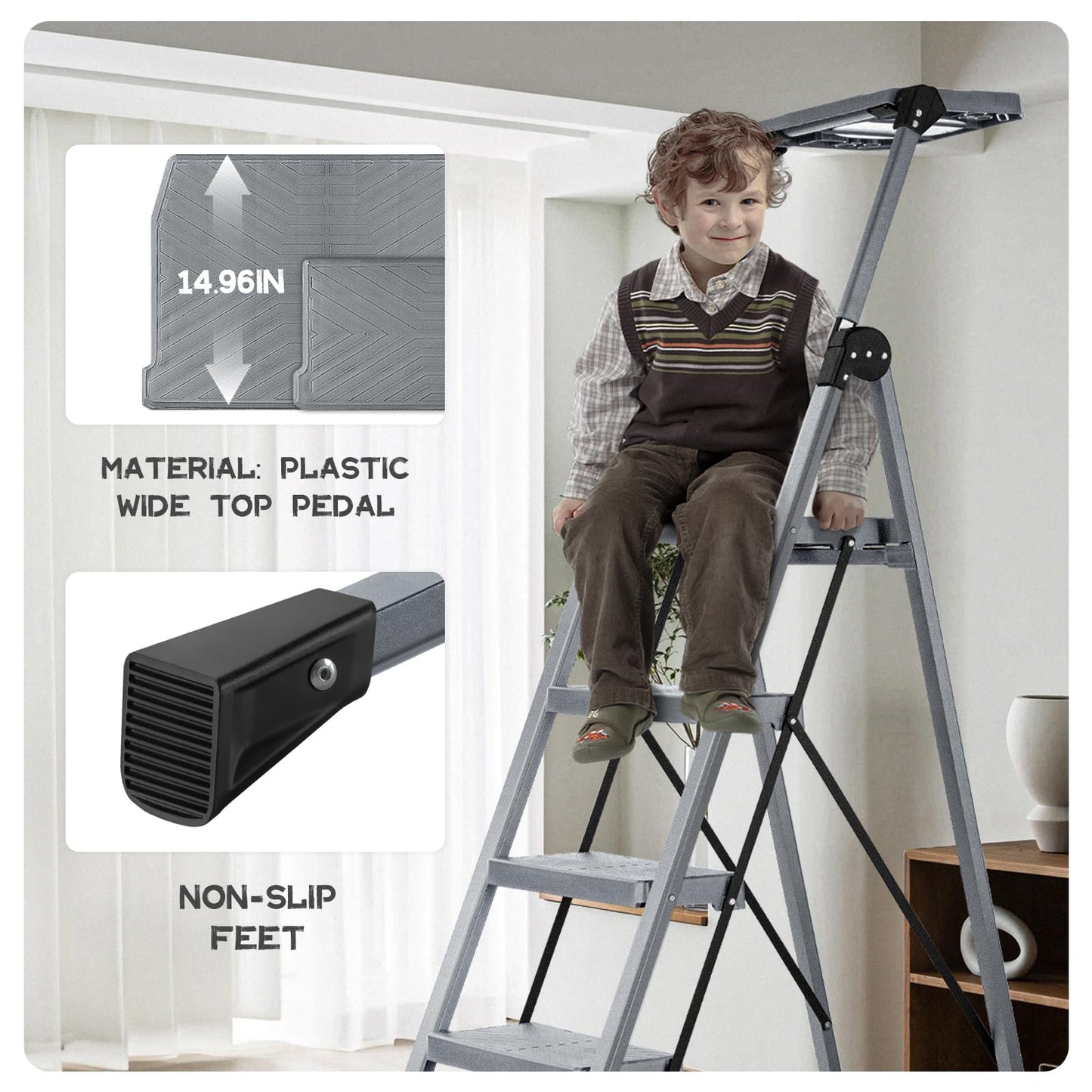 XinSunho 4 Step Ladder, Foldable Step Stool Ladder with Handrails & Tray, 660 lbs Heavy Duty Wide Pedals, Sturdy Steel Folding Ladder for Kitchen, Home, and Household Use(Silver, 4 Step)