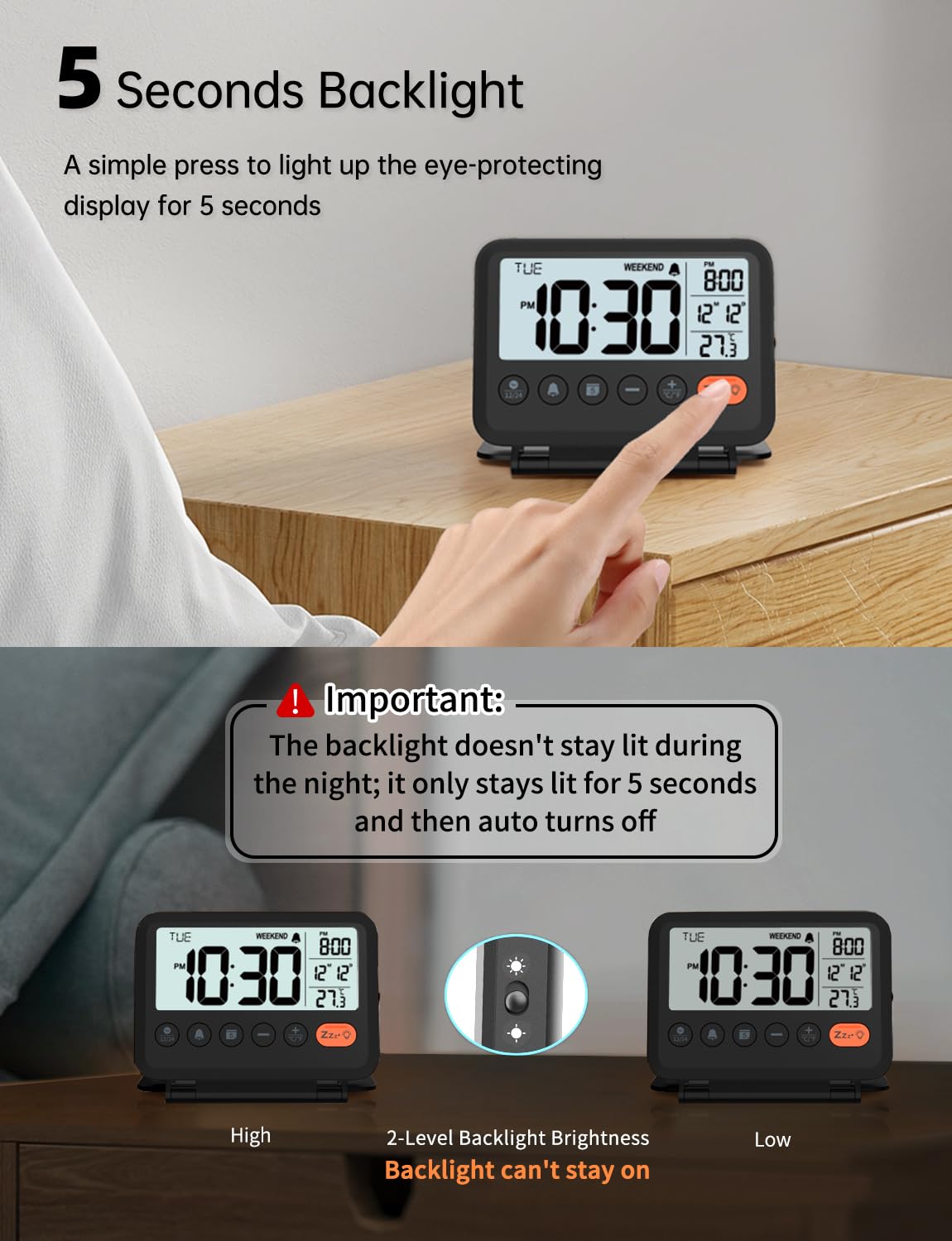 MeesMeek Digital Travel Alarm Clock, Black, 3.54 inch LCD Display, 9-Minute Snooze, 2 Volume Levels, Backlight, Battery Included