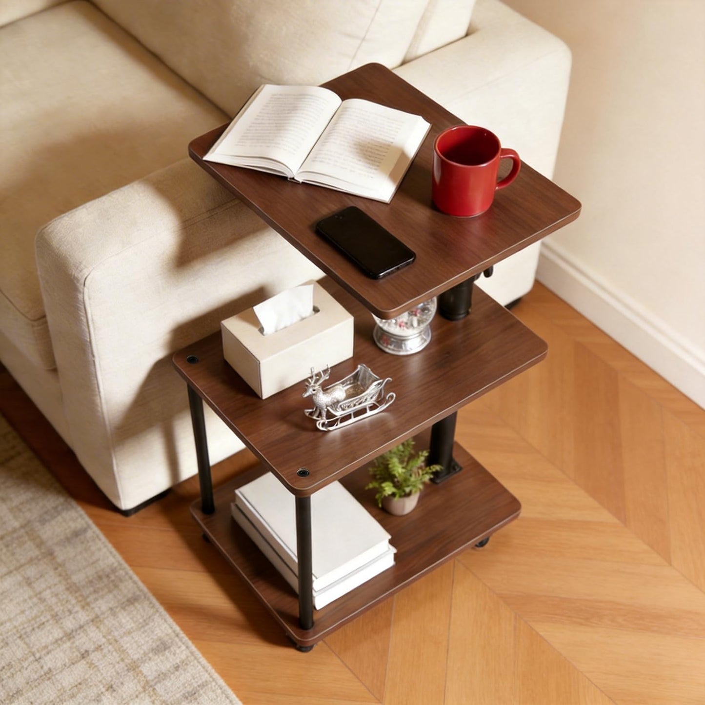 Bingyouth 360° Swivel Side Table with Storage, Height Adjustable, Smooth-Rolling Wheels, C-Shaped End Table for Couch/Sofa, Recliner, Living Room, Walnut-Look