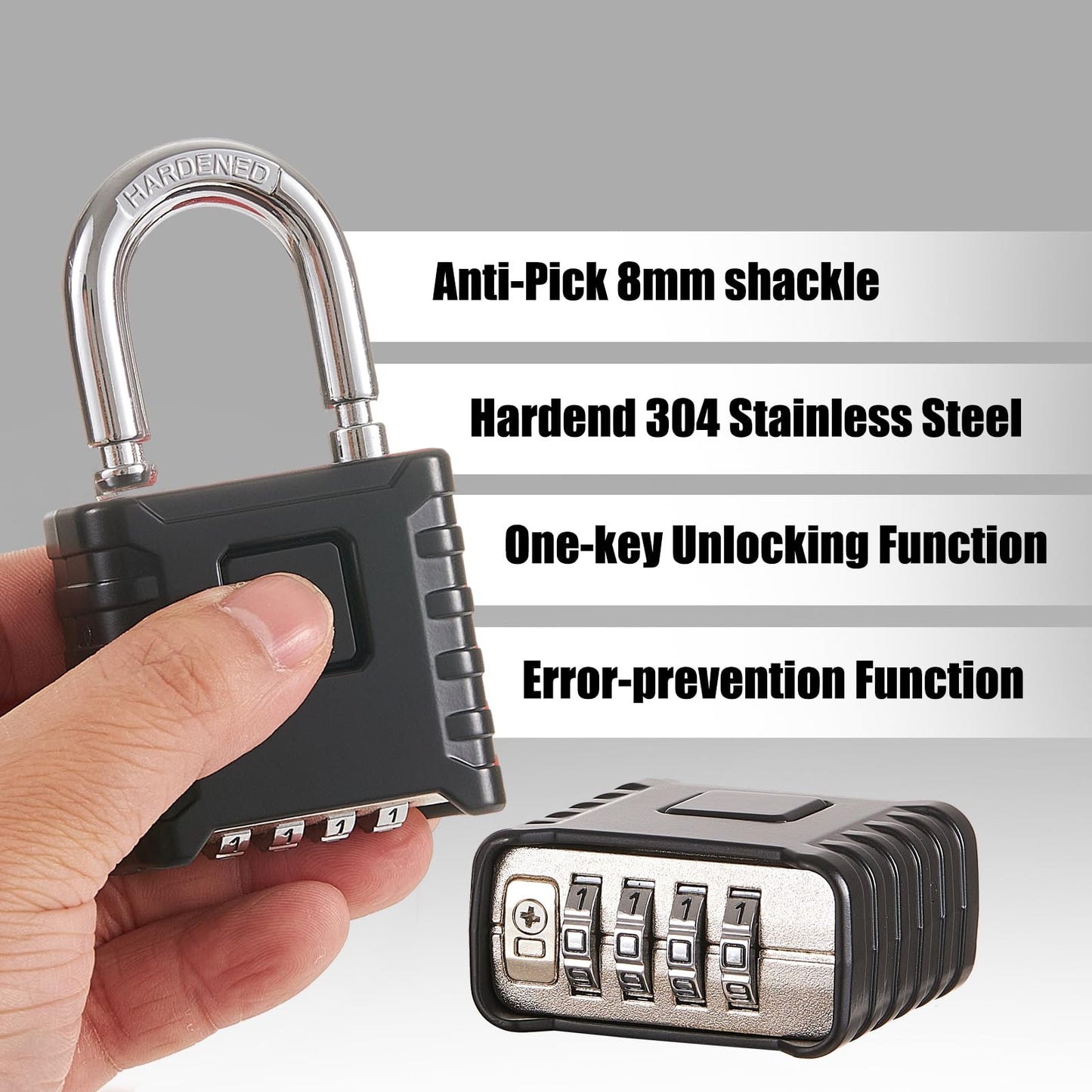 1 Pack disecu Large Heavy Duty 4 Digit Combination Lock, One Touch Unlocking, Anti-Error Feature, High Security Outdoor Waterproof Padlock for School Gym Locker, Fence, Gate, Storage Unit (Black)