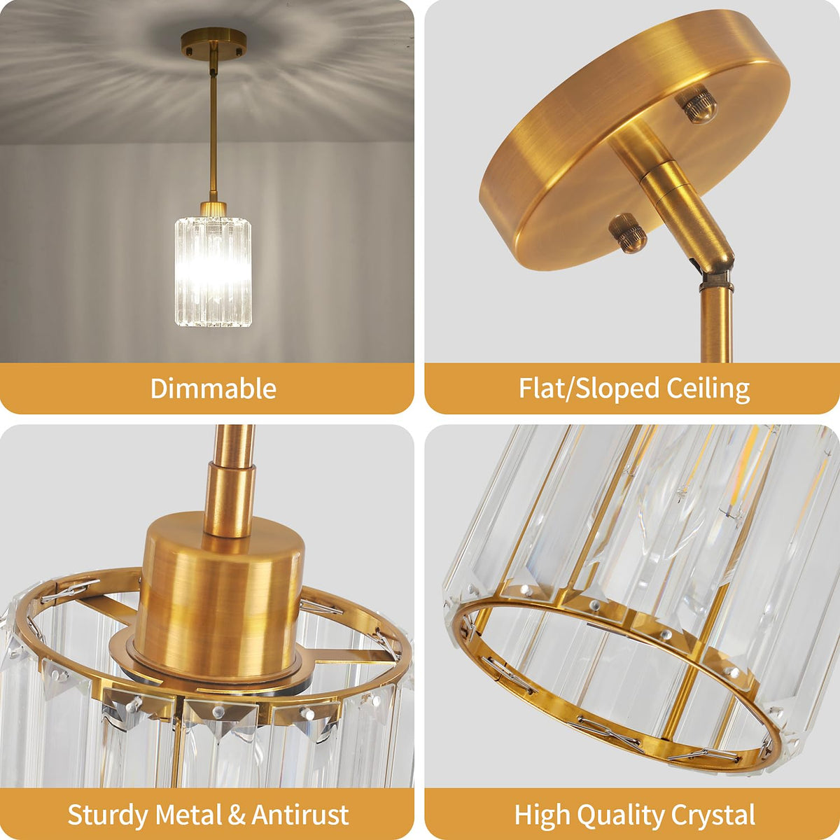 3 Pack Brushed Gold Pendant Lights Kitchen Island, Modern Crystal Kitchen Pendant Lighting Over Island Dining Room Light Fixtures Adjustable Hanging Pendant Light for Bathroom Hallway Foyer Bedroom