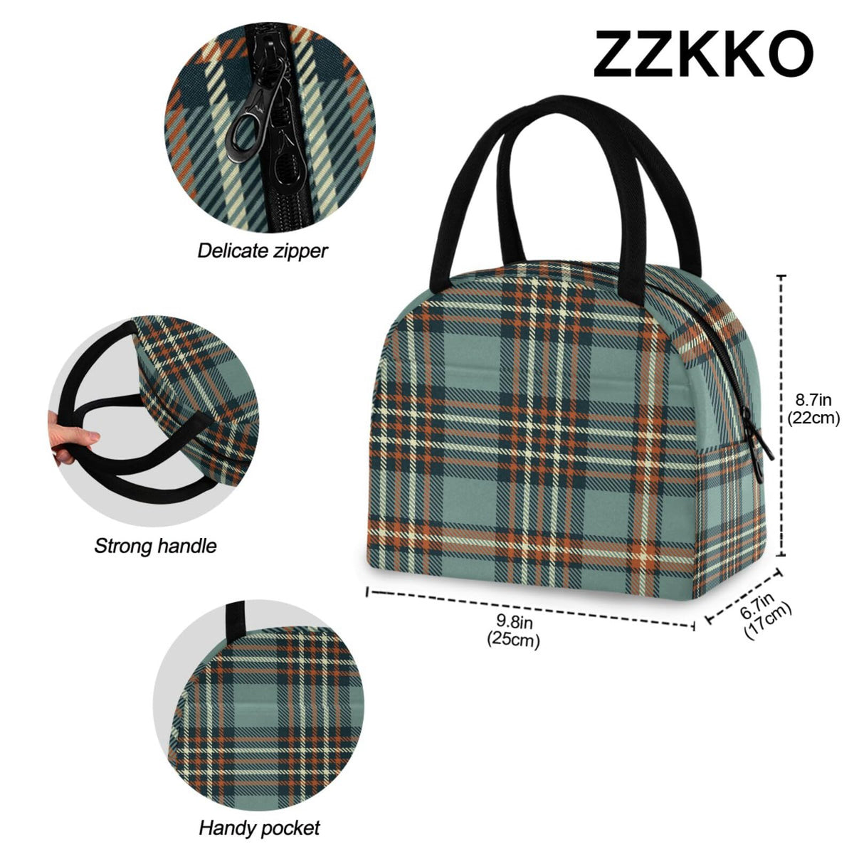 ZZKKO Plaid Tartan Lunch Bag Box Tote Organizer Lunch Container Insulated Zipper Meal Prep Cooler Handbag For Women Men Home School Office Outdoor Use