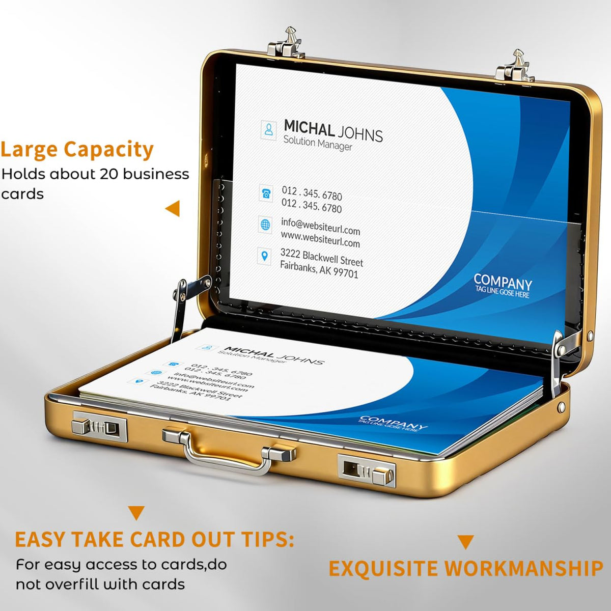 Mini Briefcase Metal Business Card Holder Case - Aluminum Postcard Box Portable, Gold Small Briefcases Gift with Waterproof Pocket Credit Holder for Professional Women Men's Cards & ID Organizer