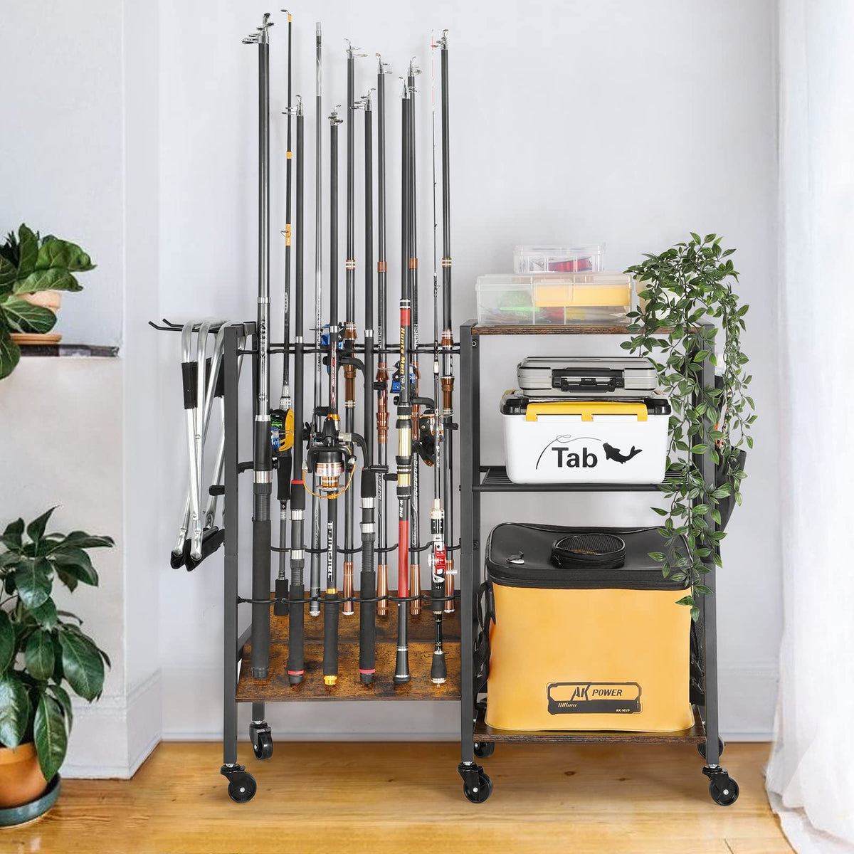 Olakee Fishing Rod Holder for Garage, 12 Fishing Pole Rack & Tackle Organizer, Fishing Gear Storage Cart for Home Entryway & Corner, Space Saving Rod Stand, Heavy Duty Gift for Men Dad Anglers