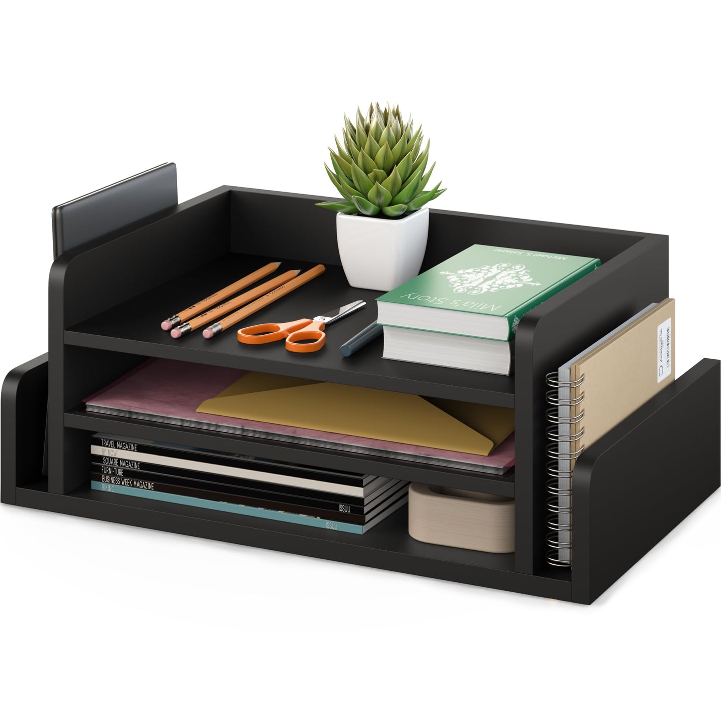 Ballucci 3-Tier Desk Organizer with 2 Side Mail Sorter Slots, Wood Letter Tray, Open Top Paper Organizer, Desktop File Organizer, Black