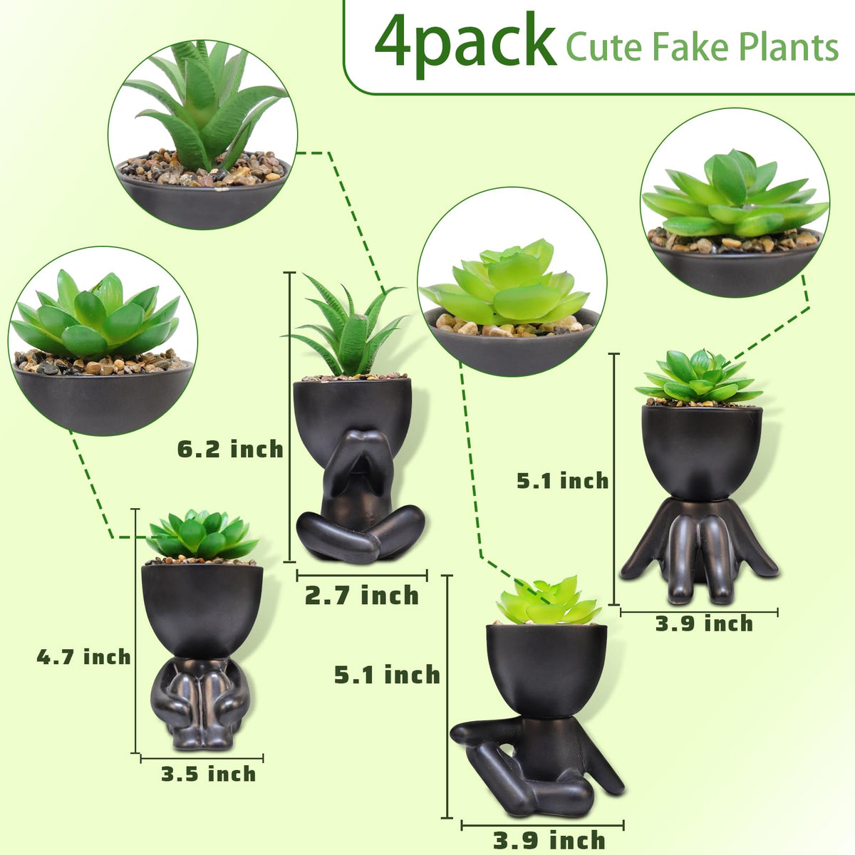 SEMSOIIO Pack of 4 Cute Artificial Succulent Plants in Human Shaped Pots, Funny Desk Decor for Office Women Men, Aesthetic Room Decor, Small Fake Plants for Shelf Bathroom Home Office Gifts (Black)