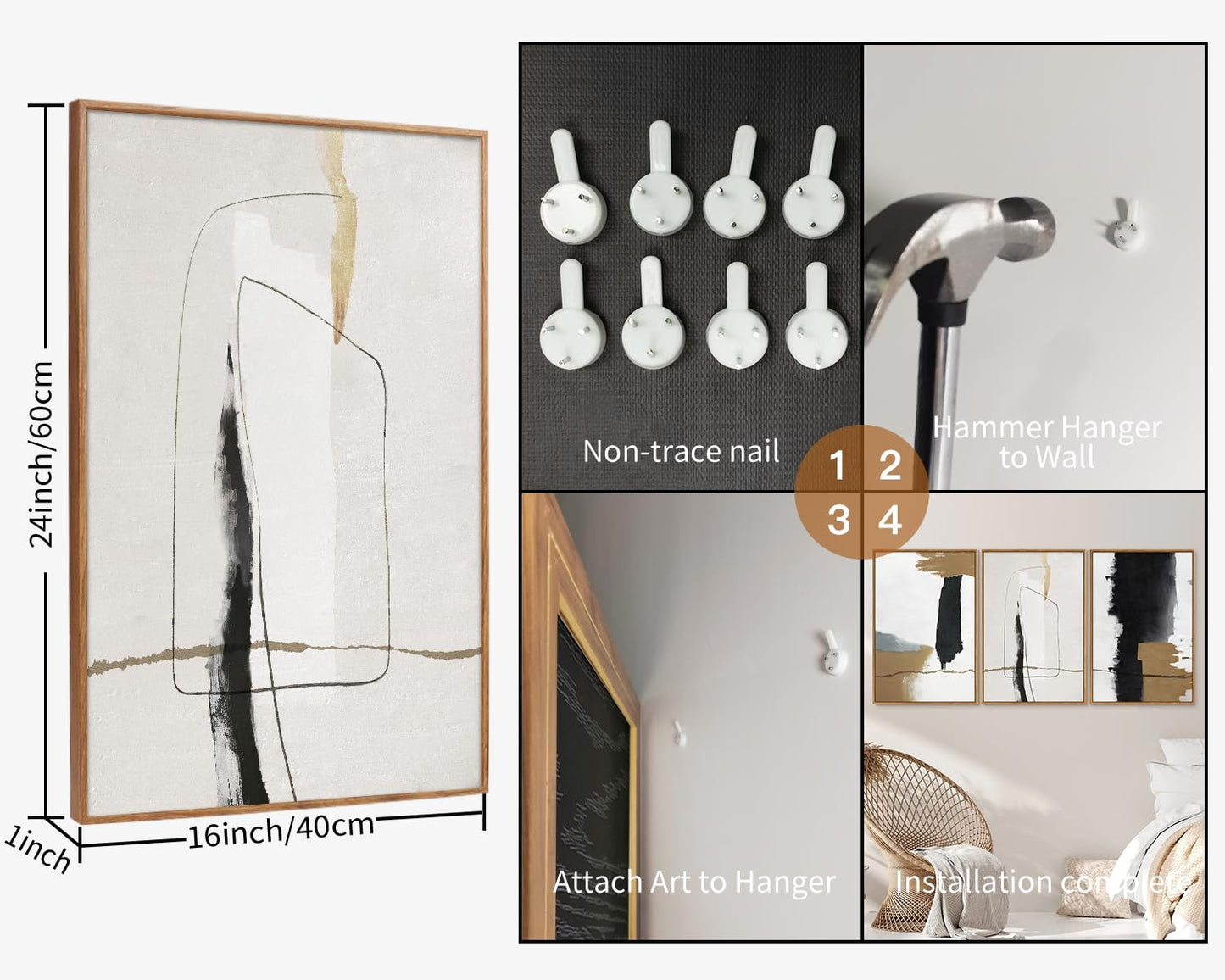 SIGNINART Black and White Abstract Framed Canvas Wall Art Set of 3, Beige Neutral Art Prints, Minimalist Modern Wall Decor for Living Room, Bedroom, Office,Above Couch 16"x24"x3