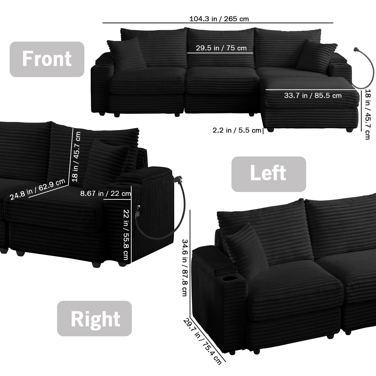 104.3" Modular Sectional Sofa, L-Shaped Couches for Living Room, Comfy Cloud Couch with Ottoman, Convertible 4 Seats Deep Seat Sofas, Black Corduroy Couch with Charger, Cup Holders & Armrest Storage