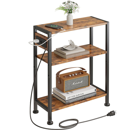 Vantimo End Table with Charging Station, 3-Tier Side Table for Small Space, Skinny Nightstand with USB/Type C Port and 2 Outlets, Slim Beside Table for Living Room, Bedroom, Balcony, Rustic Brown