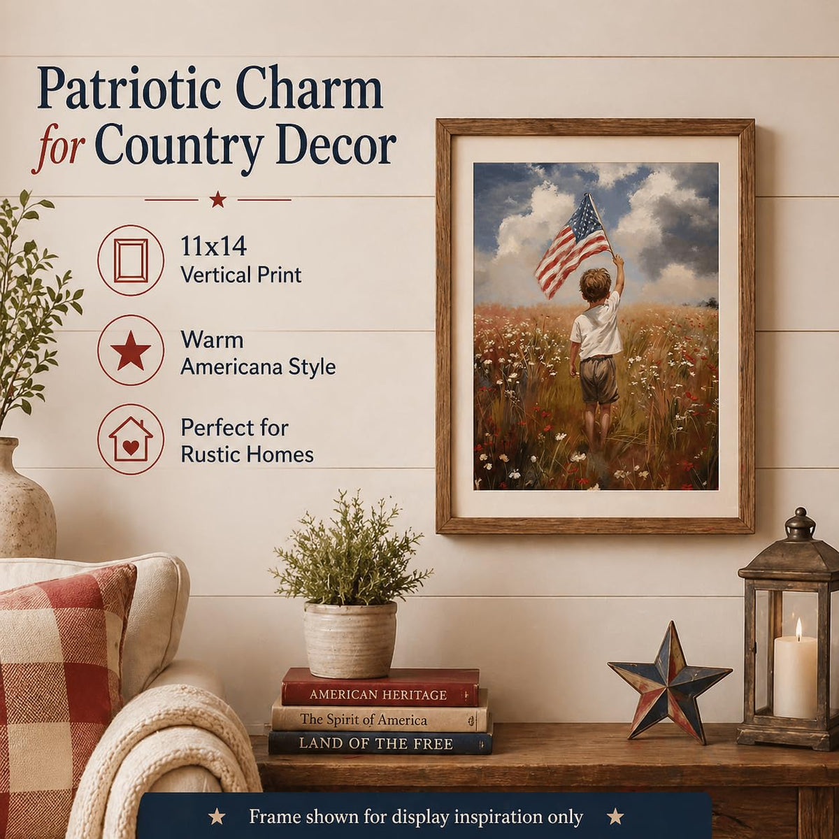 America the Beautiful Painting-11x14 Unframed Poster- Boy Holding American Flag in Meadow of Wildflowers, 4th of July Living Room or Kids Room Decor, USA Freedom Landscape, Youthful Patriotism Artwork