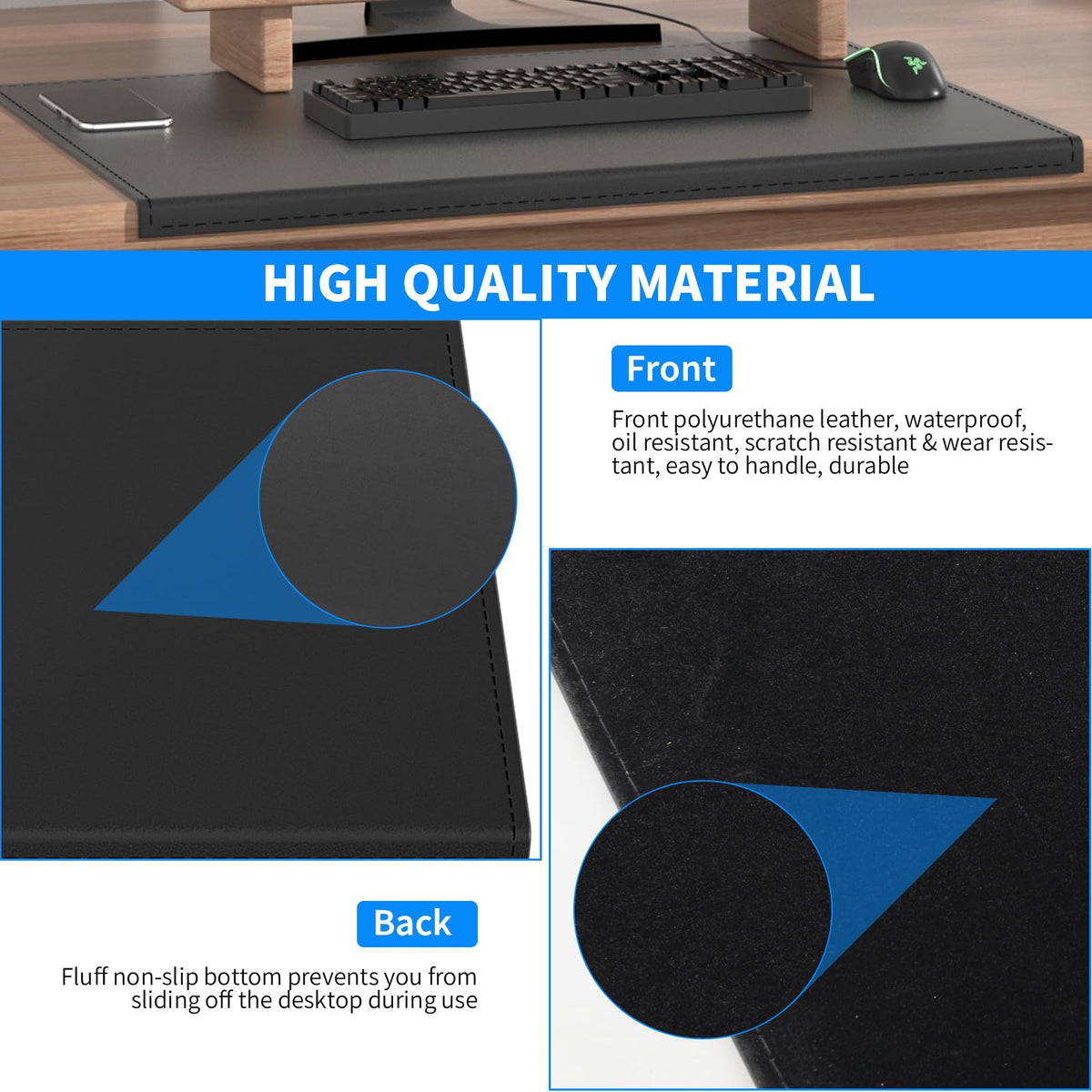 AKOZLIN 27.55”x 15.8" Soft PU Leather Surface Office Desk Mouse Mat Anti-Push Pad with Full Grip Fixation Lip Table Blotter Edge-Locked Protector