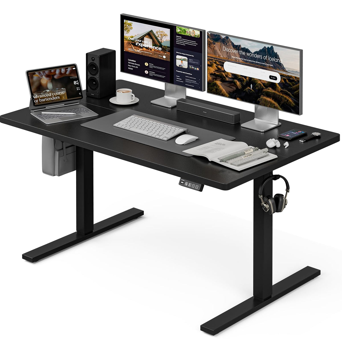Grandder 55x32 Large Electric Standing Desk, Height Adjustable Computer Desk with 2 Memory Presets, 31.5" Deep Desktop Sit Stand Desk Home Office Desk Workstation Table with Hooks, Black