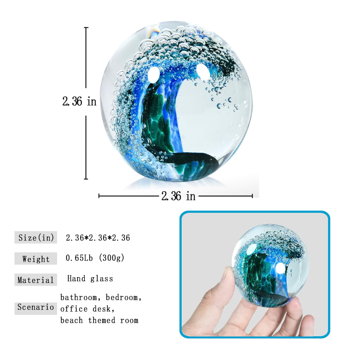 JUYOULE Hand Blown Glass Figurines Ball: Ocean Wave Design Glass Paper Weights, Beach Decorations for Home - Unique Ocean Themed Bathroom Decor and Gift for Ocean Lovers
