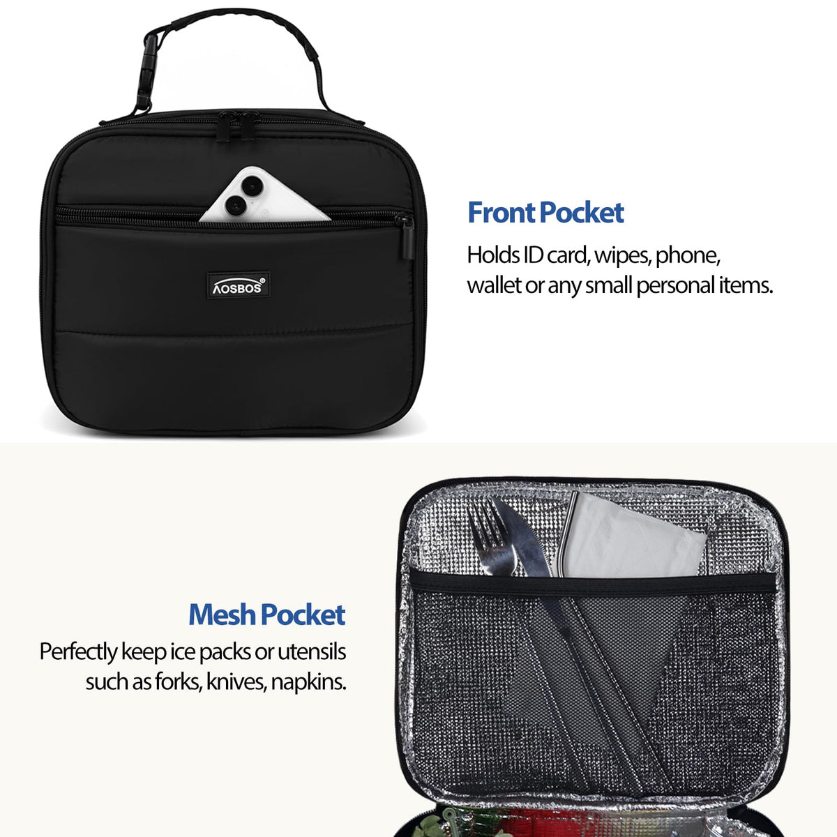Aosbos Insulated Lunch Bag for Adults - Sleek Quilted Small Lunch Box Cooler for Work, Office - Soft, Portable Lunch Tote, Black
