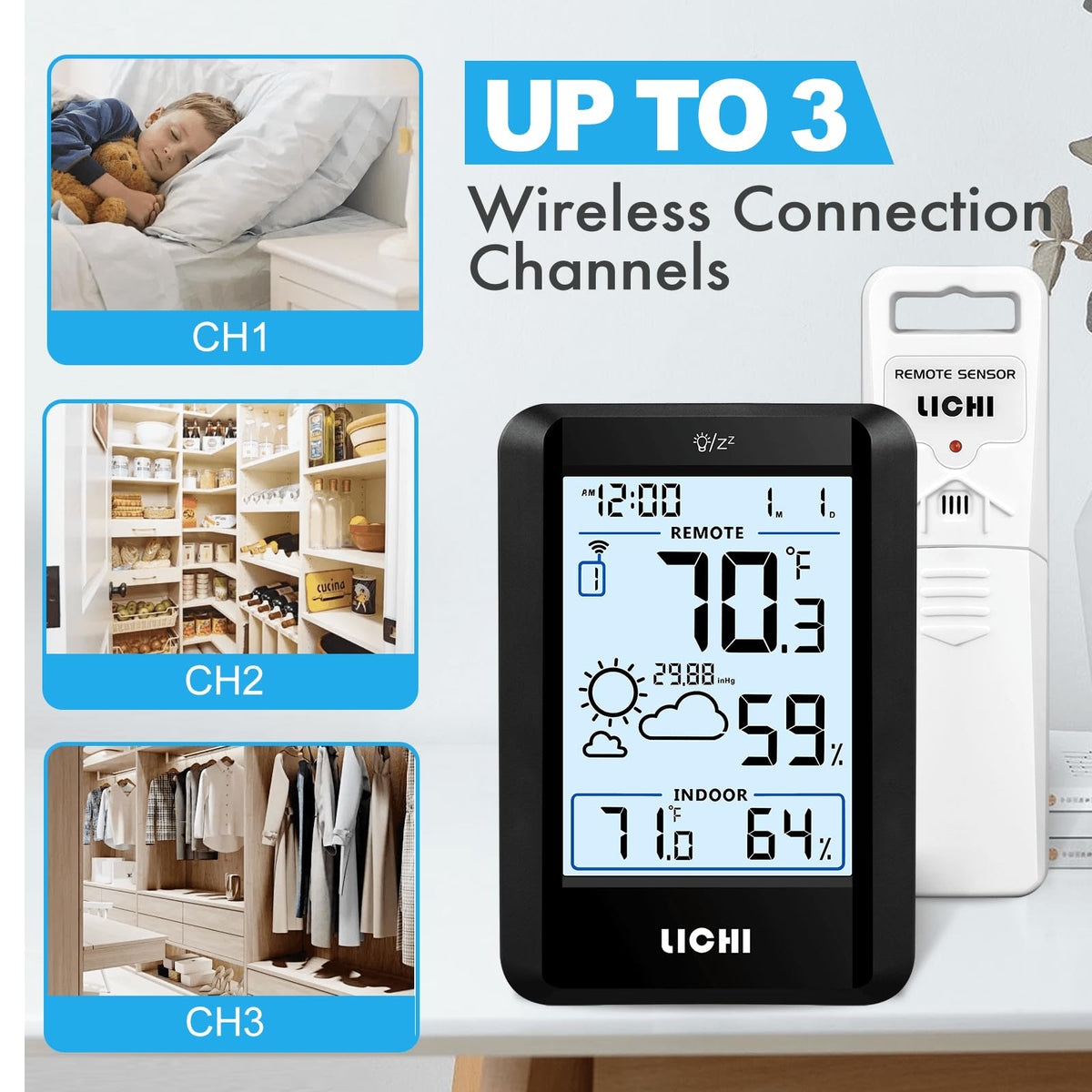Indoor Outdoor Thermometer Wireless Weather Station External Thermometer Hygrometer Monitor with 330ft Range Remote Sensor, Battery Operated Backlit Display (Black)