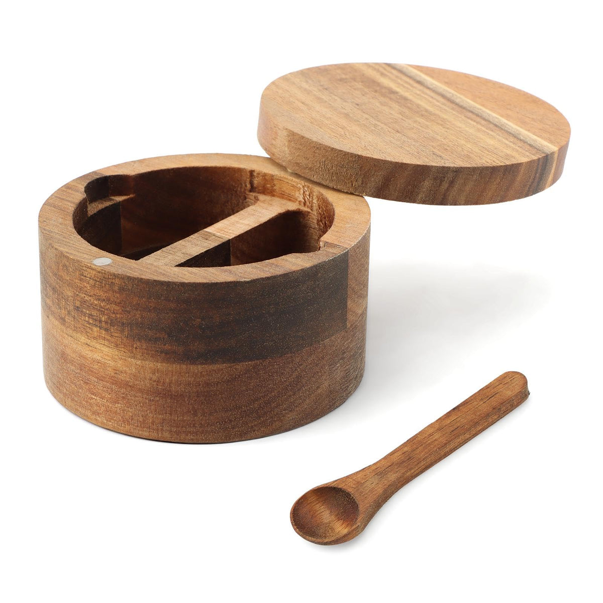 Restynic Wood Salt & Pepper Bowl with Magnetic Swivel Lid - Built-in Spoon, Natural Wood Grain, for Kitchen Spice Storage or Gifting(COLOR:Two Compartment)