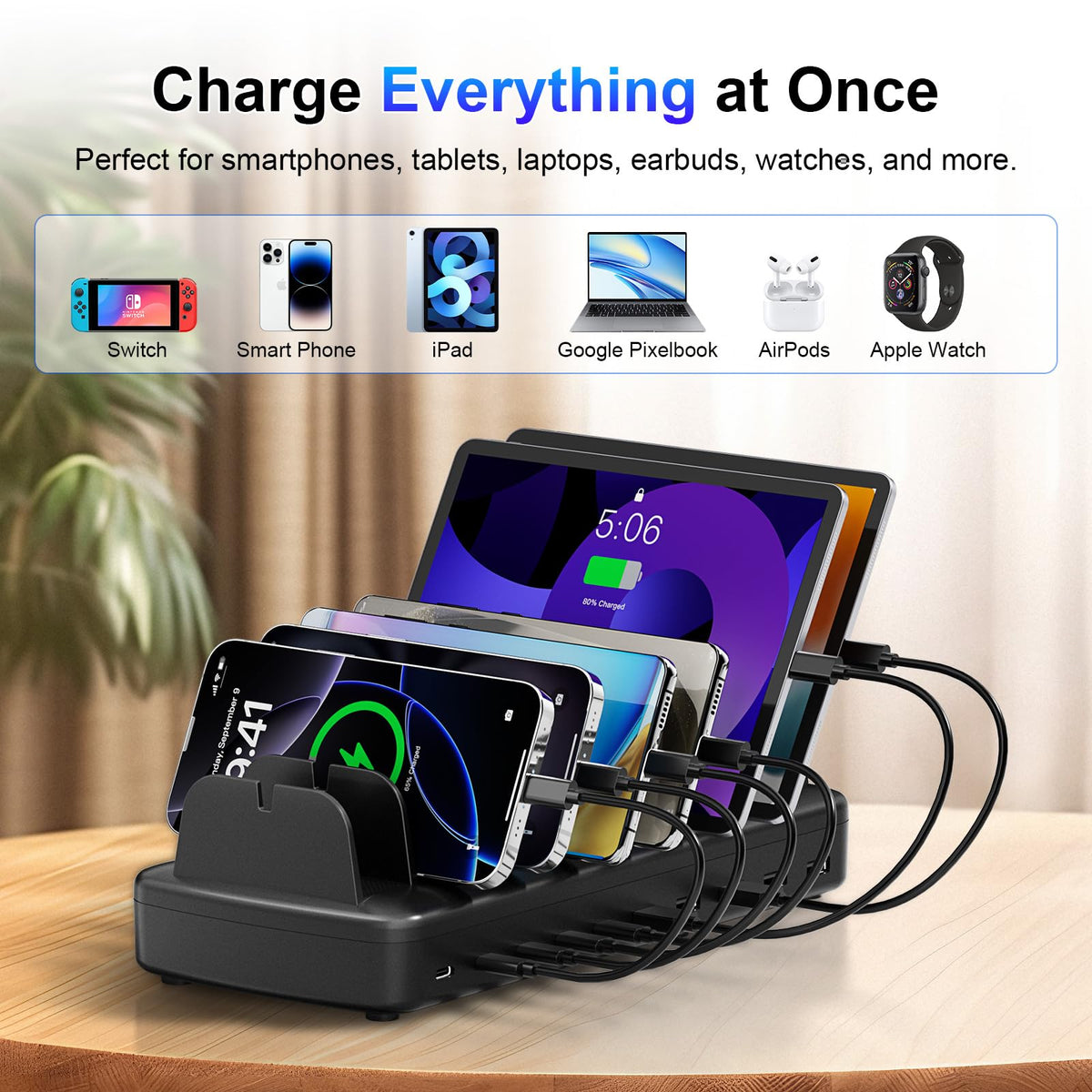 510W Fast Charging Station for Multiple Devices, 10 Port USB C Charger Station with Flame-Retardant Material & 8 Cables for iPhone, Android, iPad, Tablets, Family Office Desk Charging Dock Organizer