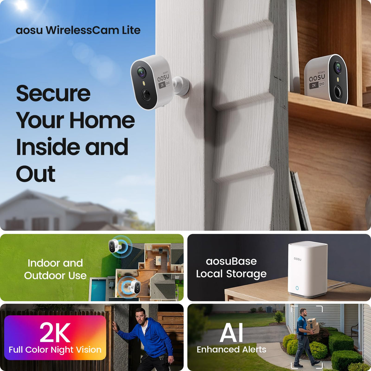 aosu Outdoor Security Cameras Wireless Home Surveillance System with aosuBase, Battery Powered, Cross-Camera Tracking, True 2K HD Color Night Vision, Spotlight, Motion Alert, Easy Setup, 6-Cam-Kit