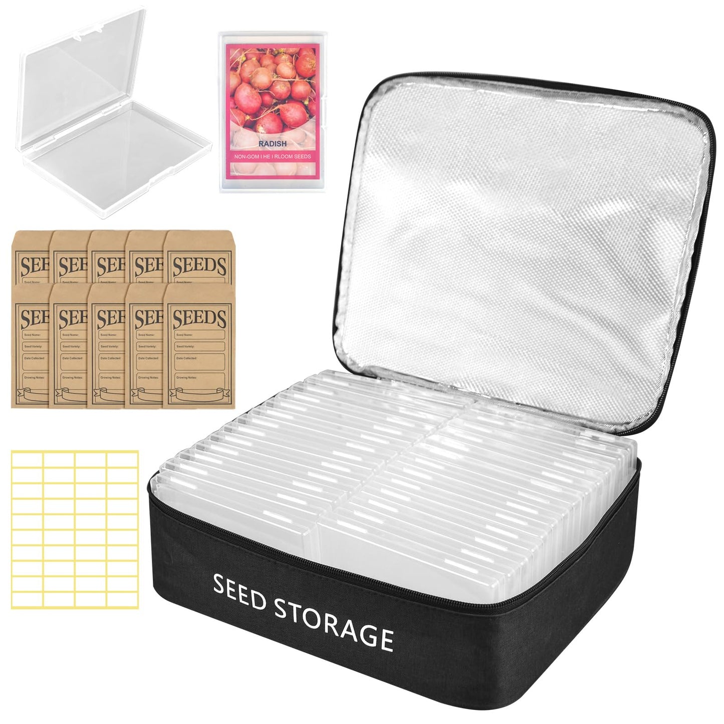 26 Slots Seed Storage Organizer Box with 10 Seed Envelopes, Oxford Cloth Seeds Storage Container with Insulated Bag, Garden Seed Packet Organizer with Label Stickers for Vegetable Flower Plants