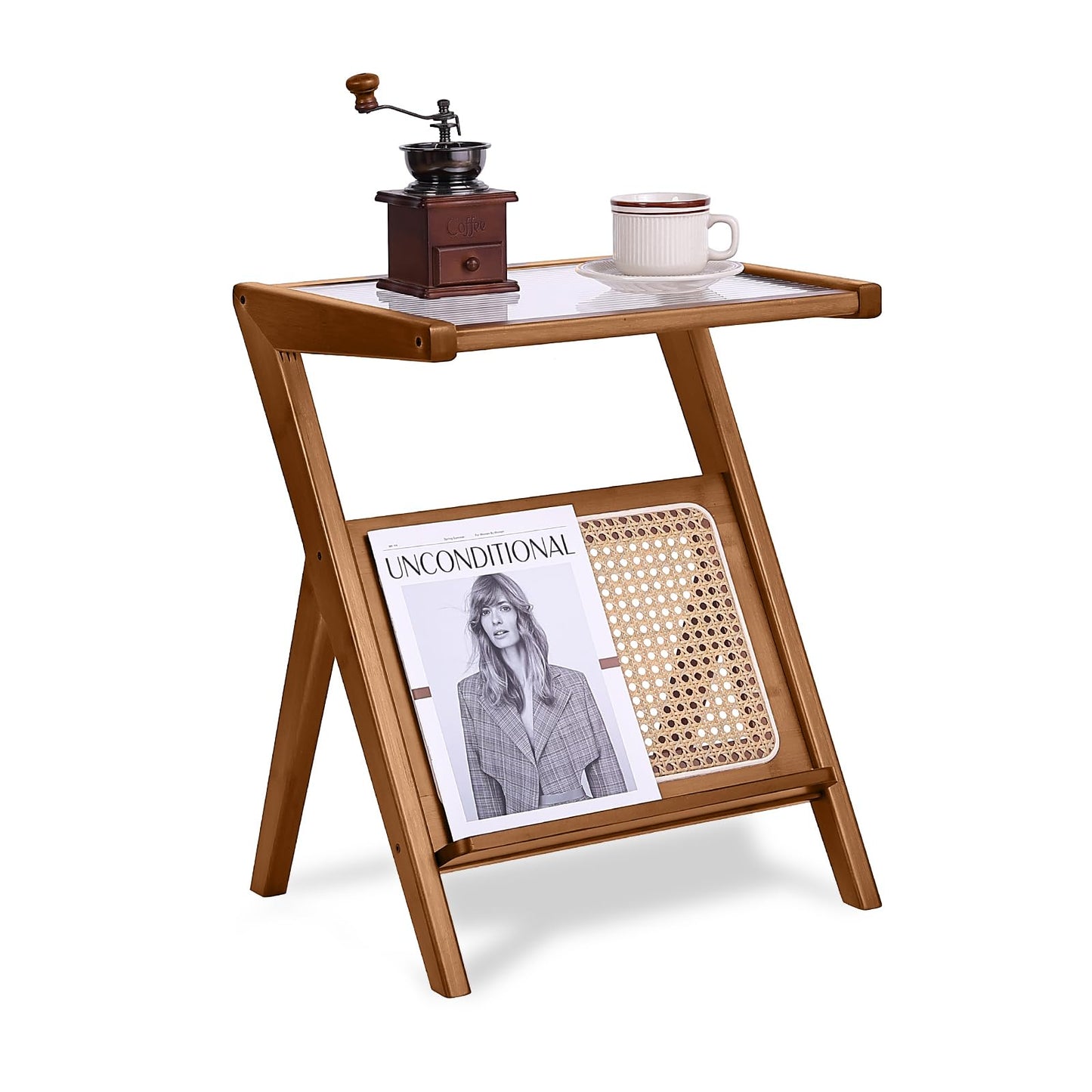 Tiita Rattan Nightstand Side Table, Bamboo Accent Bedside Tables, Glass Coffee Tables, Boho Wooden End Table with Storage for Small Space, Living Room and Bedroom