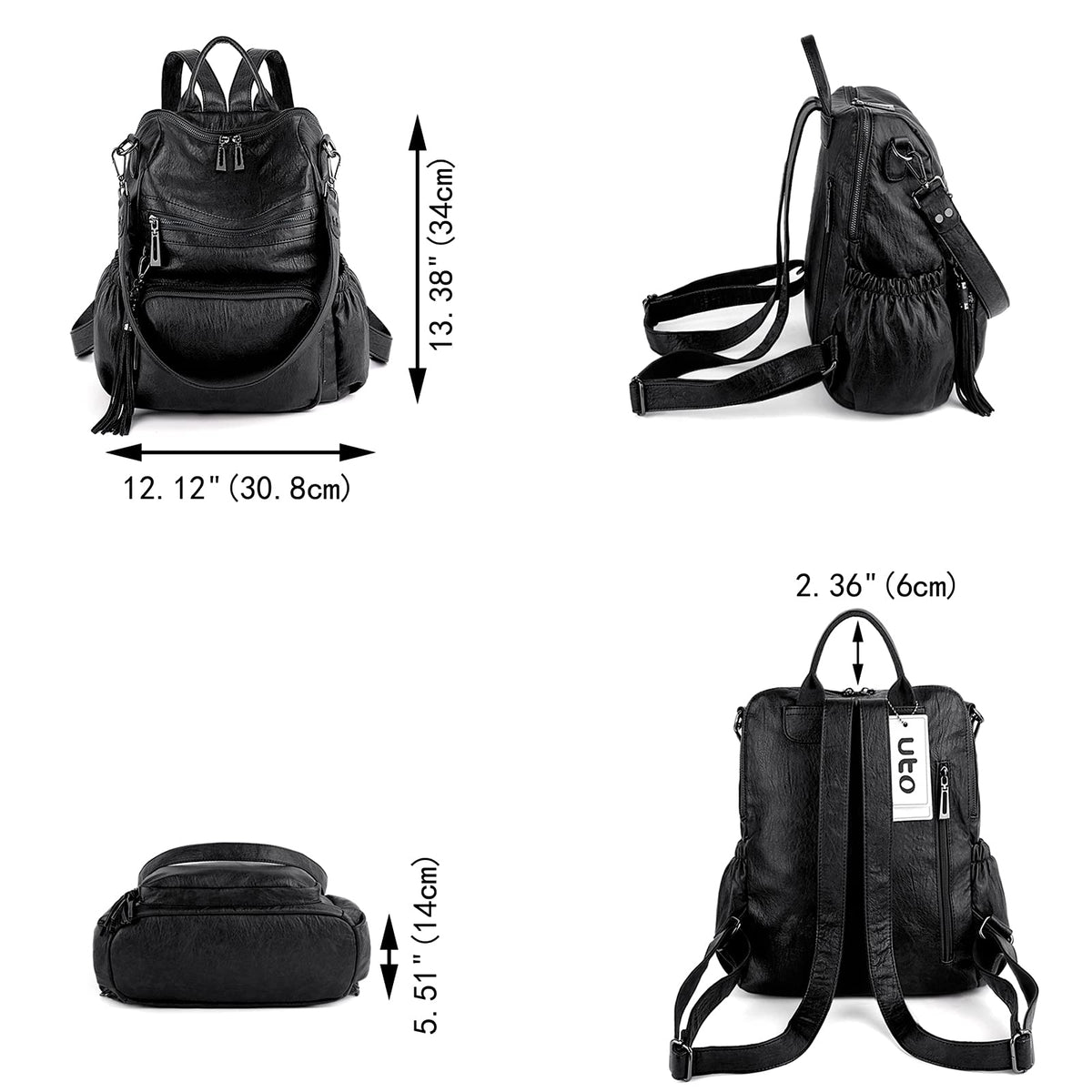 UTO Women Backpack Purse Leather Vegan Ladies Fashion Designer Rucksack Convertible Travel Shoulder Bag with Tassel Black