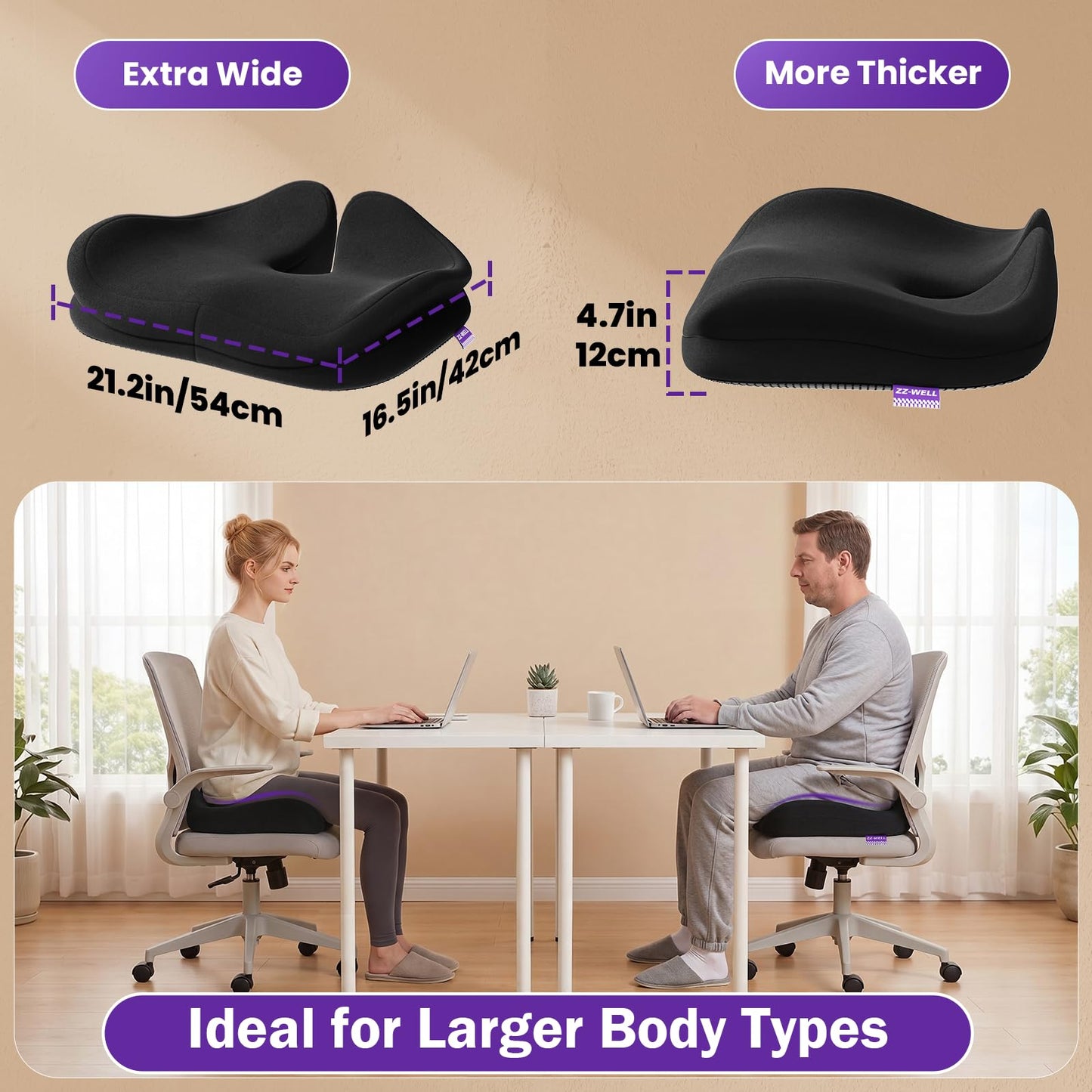 ZZ-WELL Seat Cushions for Office Chairs - Patented Coccyx Cushion for Tailbone Pain - 21.2" W x 16.5" L Memory Foam Extra Large Seat Cushion, Removable & Machine Washable Cover (Black)