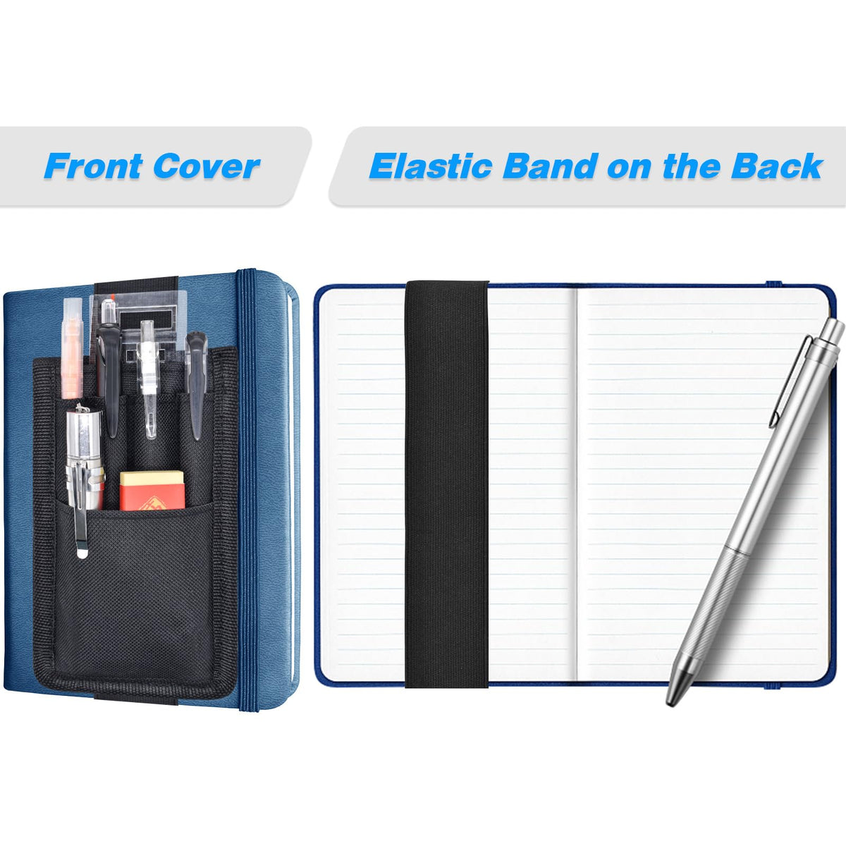 KATOLK 2 Pcs Pen Holder for Notebook, 3 Adjustable Elastic Bands with 2 Pencil Clips for Notebook, Durable Planner and Journal Pen Sleeve Case for Hard Cover Journals