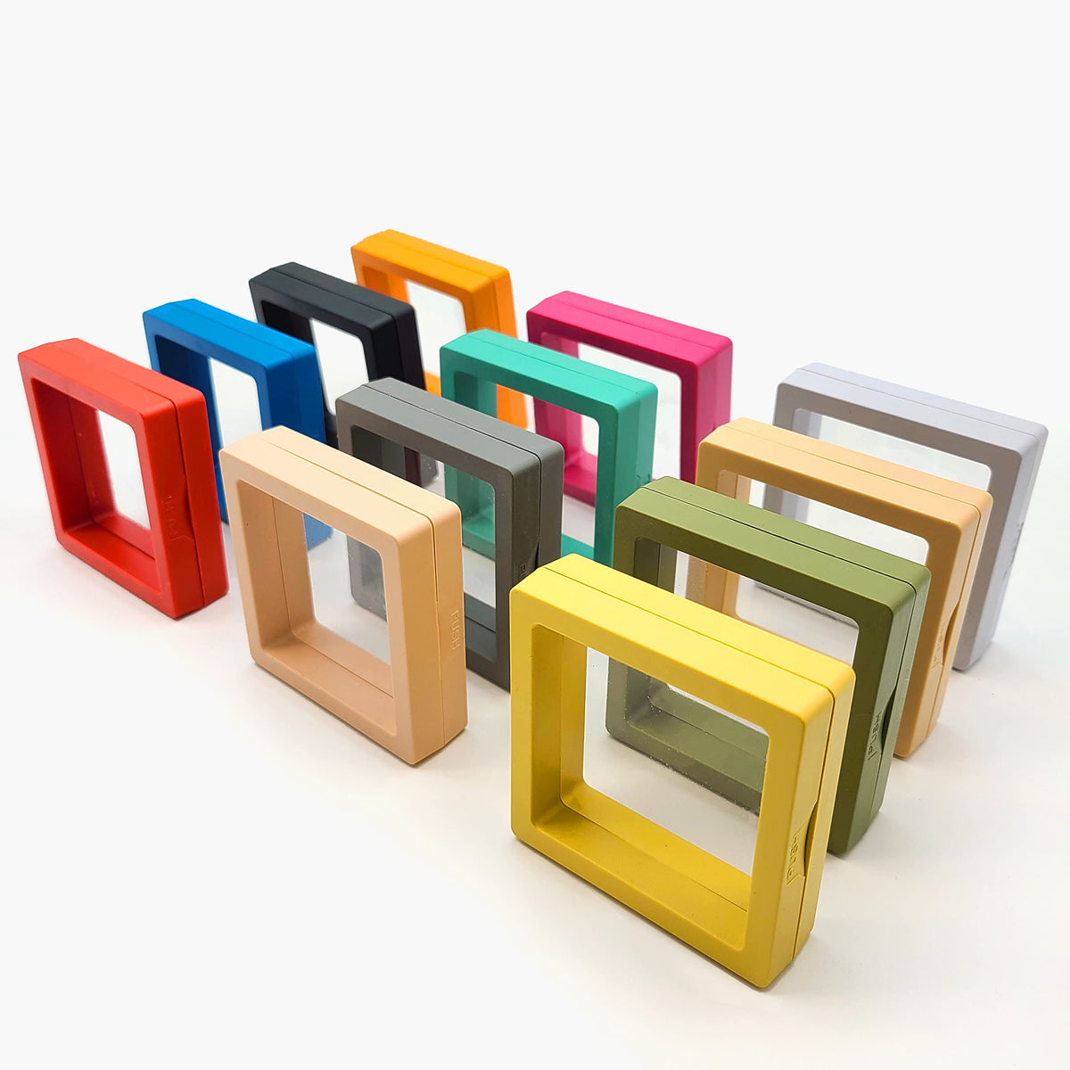 ITUTOO 12PCS 3D Floating Frame Display Stand, Jewelry Case, Gift Box, Ornament Organizer, Small Travel Jewelry Box, PE Film Anti-Oxidation, Suspended Display Box Stackable (Mixed color, 2.76 * 2.76)