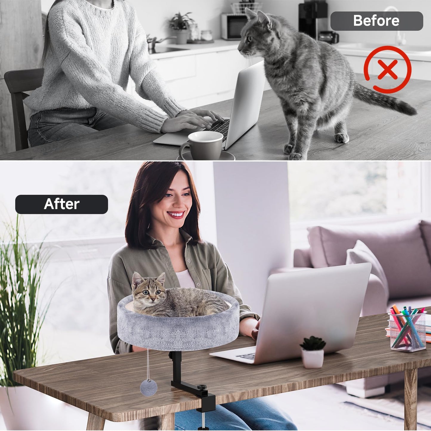 Chumajor Cat Desk Bed - 360° Rotating & Adjustable, Supports 50 lbs, Soft Faux Fur with Dual-Sided Reversible Mat, Modern Indoor Cat Nest Furniture for Office Desks and Game Tables, Island Table
