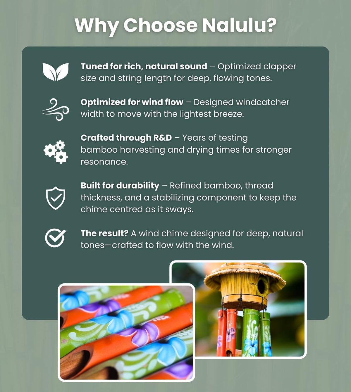Nalulu House Bamboo Wind Chimes - Outside Outdoor Wooden Windchimes with Birdhouse, Handcrafted with Calming Deep Tones, Perfect Home Decor or Gift for Him and Her