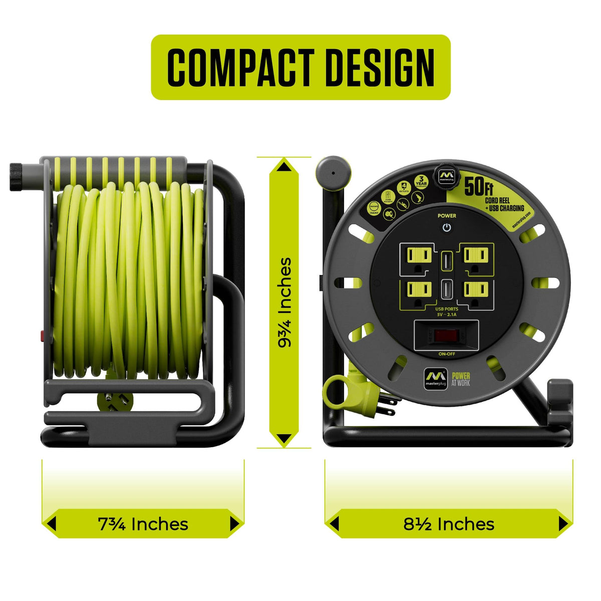 Masterplug 50ft Cord Reel, Retractable Extension Lead with Winding Handle, Safety Overload Circuit Breaker and Power Switch, 4X Grounded Outlets, 2X USB Ports, 13amps, 14AWG Cable